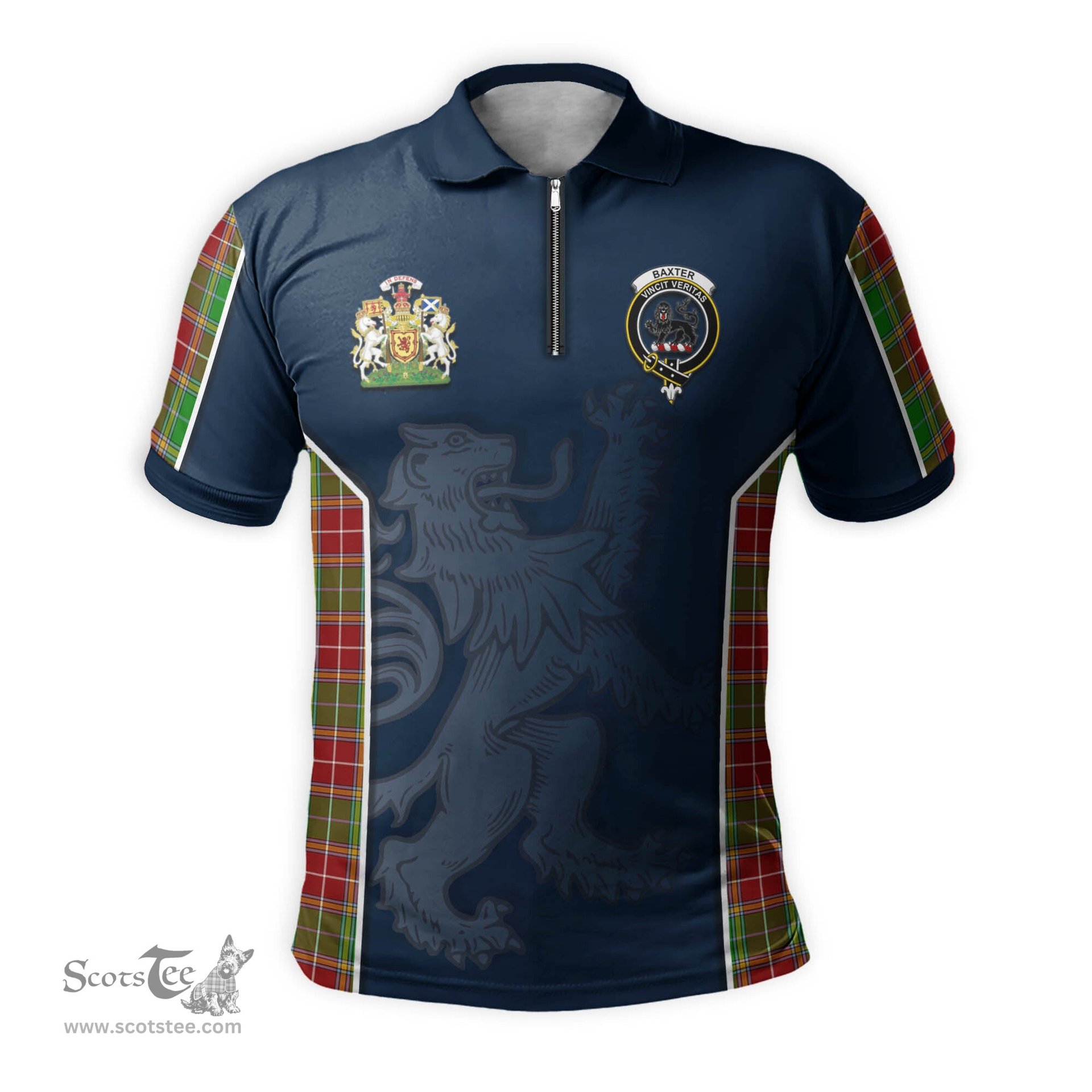 ScotsTee Shop Scottish Baxter Modern Clan Scottish Crest and Scottish Lion Rampant Sport Tartan Zipper Polo Shirt
