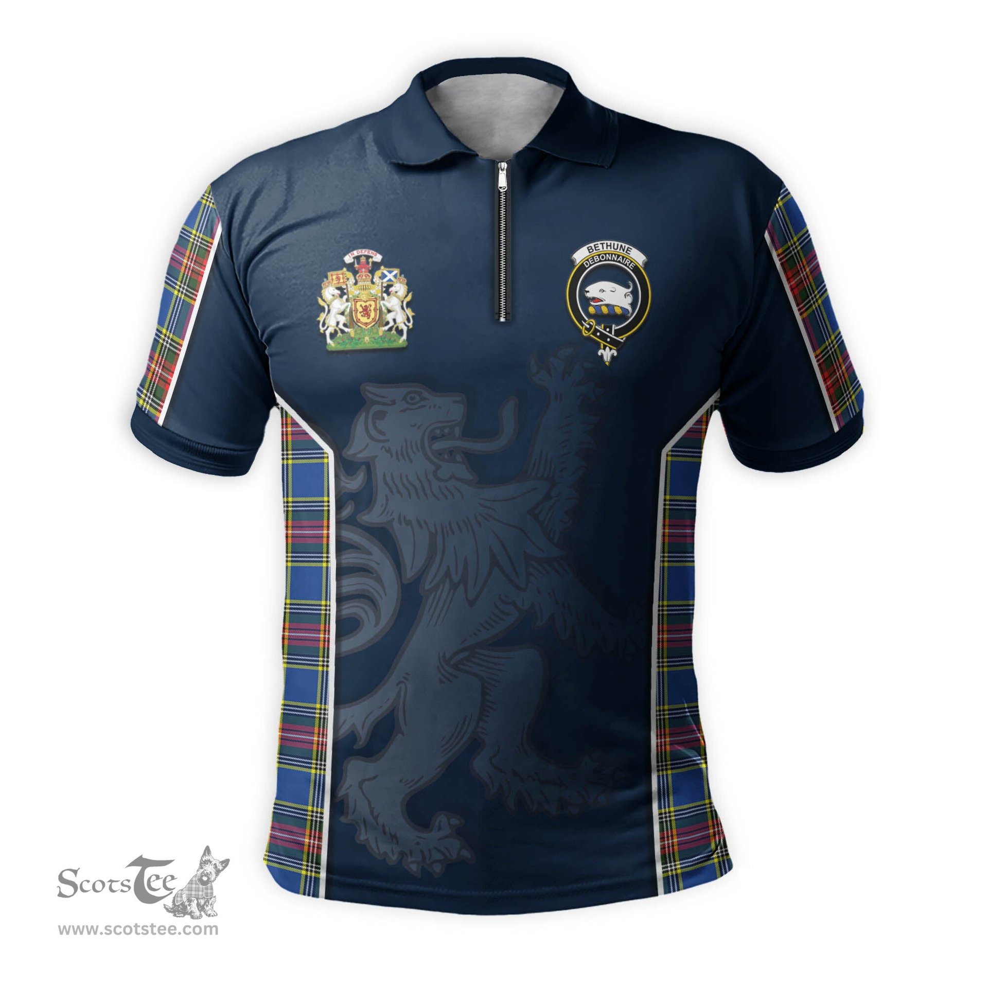 ScotsTee Shop Scottish Bethune Clan Scottish Crest and Scottish Lion Rampant Sport Tartan Zipper Polo Shirt