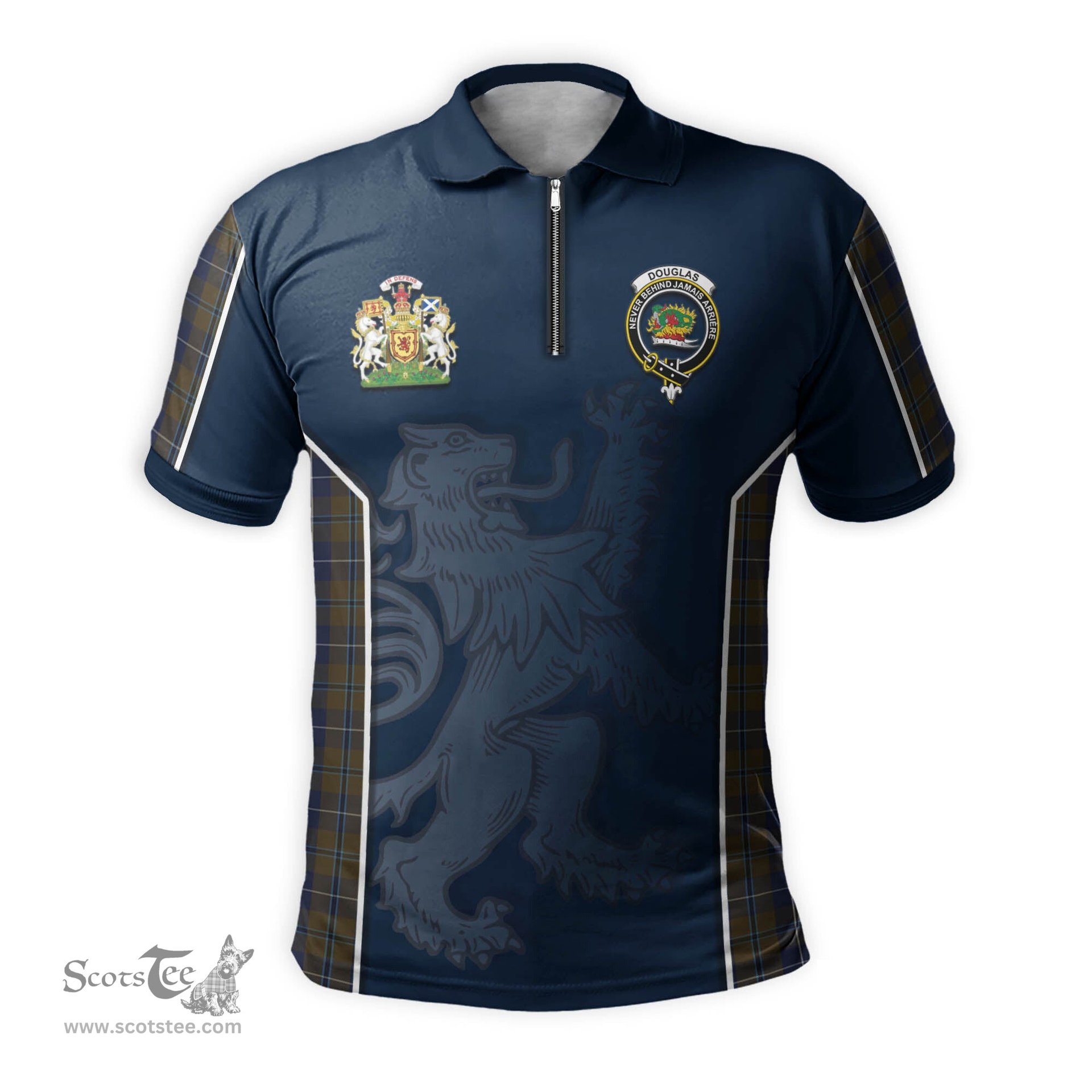 ScotsTee Shop Scottish Douglas Brown Clan Scottish Crest and Scottish Lion Rampant Sport Tartan Zipper Polo Shirt