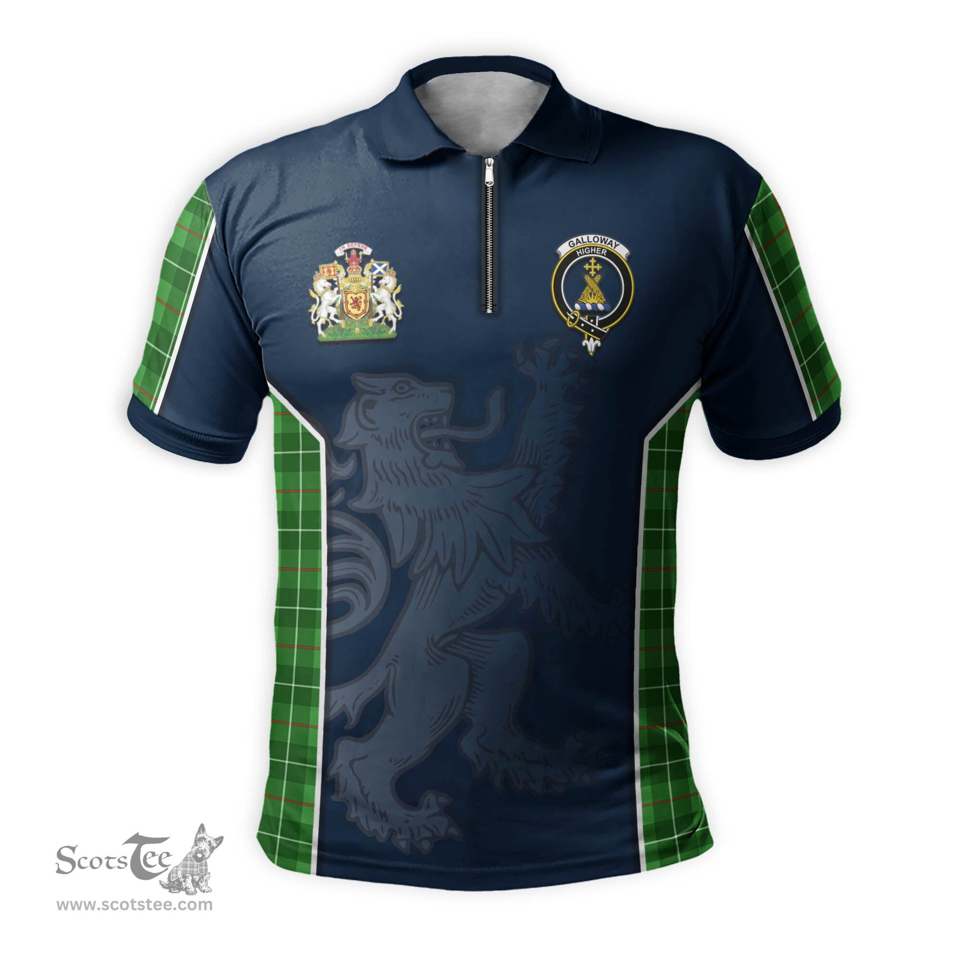 ScotsTee Shop Scottish Galloway Clan Scottish Crest and Scottish Lion Rampant Sport Tartan Zipper Polo Shirt