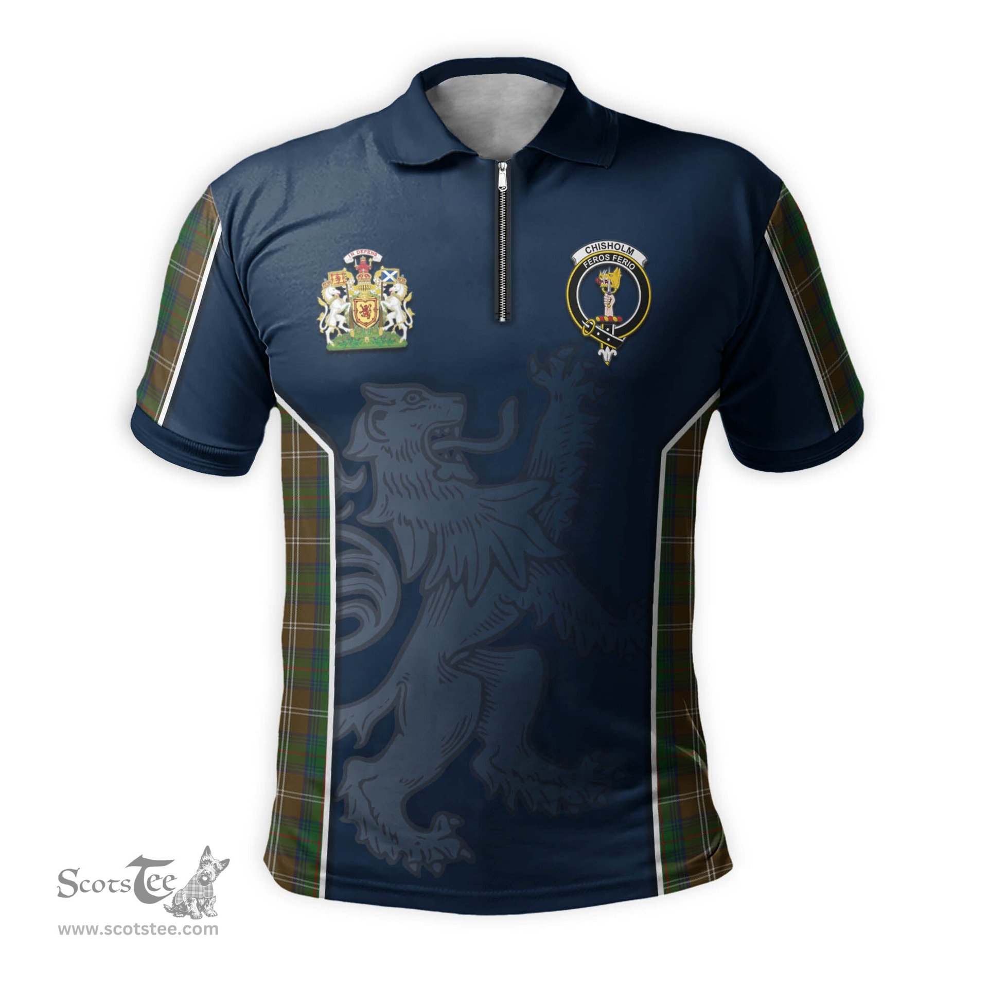 ScotsTee Shop Scottish Chisholm Hunting Clan Scottish Crest and Scottish Lion Rampant Sport Tartan Zipper Polo Shirt