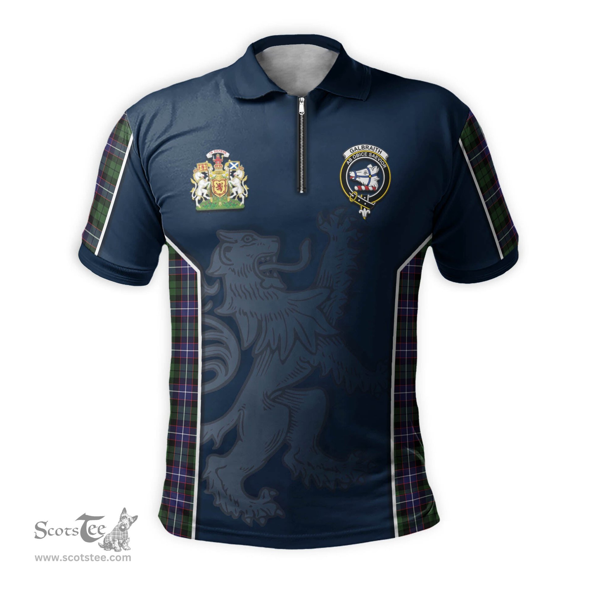 ScotsTee Shop Scottish Galbraith Modern Clan Scottish Crest and Scottish Lion Rampant Sport Tartan Zipper Polo Shirt
