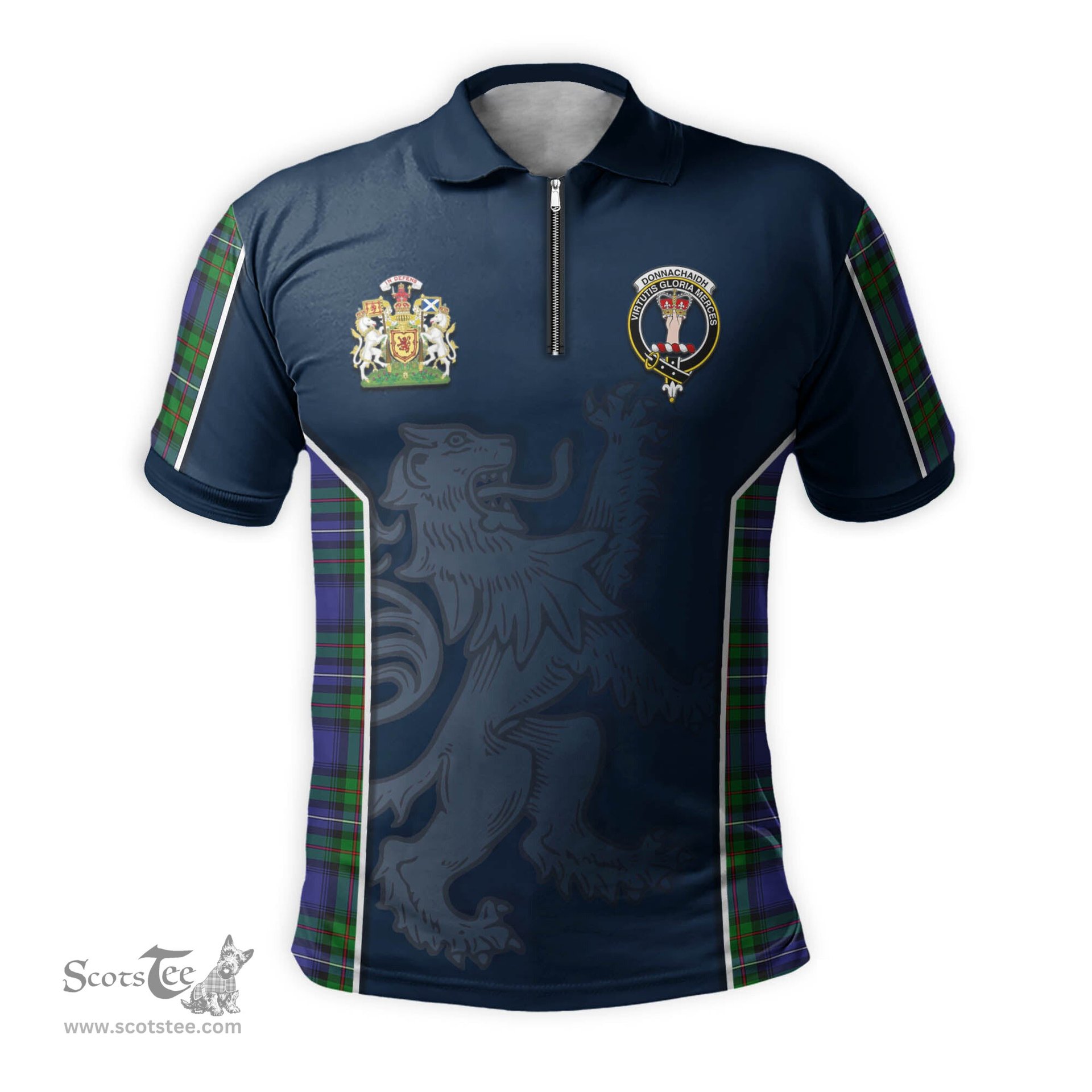ScotsTee Shop Scottish Donnachaidh Clan Scottish Crest and Scottish Lion Rampant Sport Tartan Zipper Polo Shirt