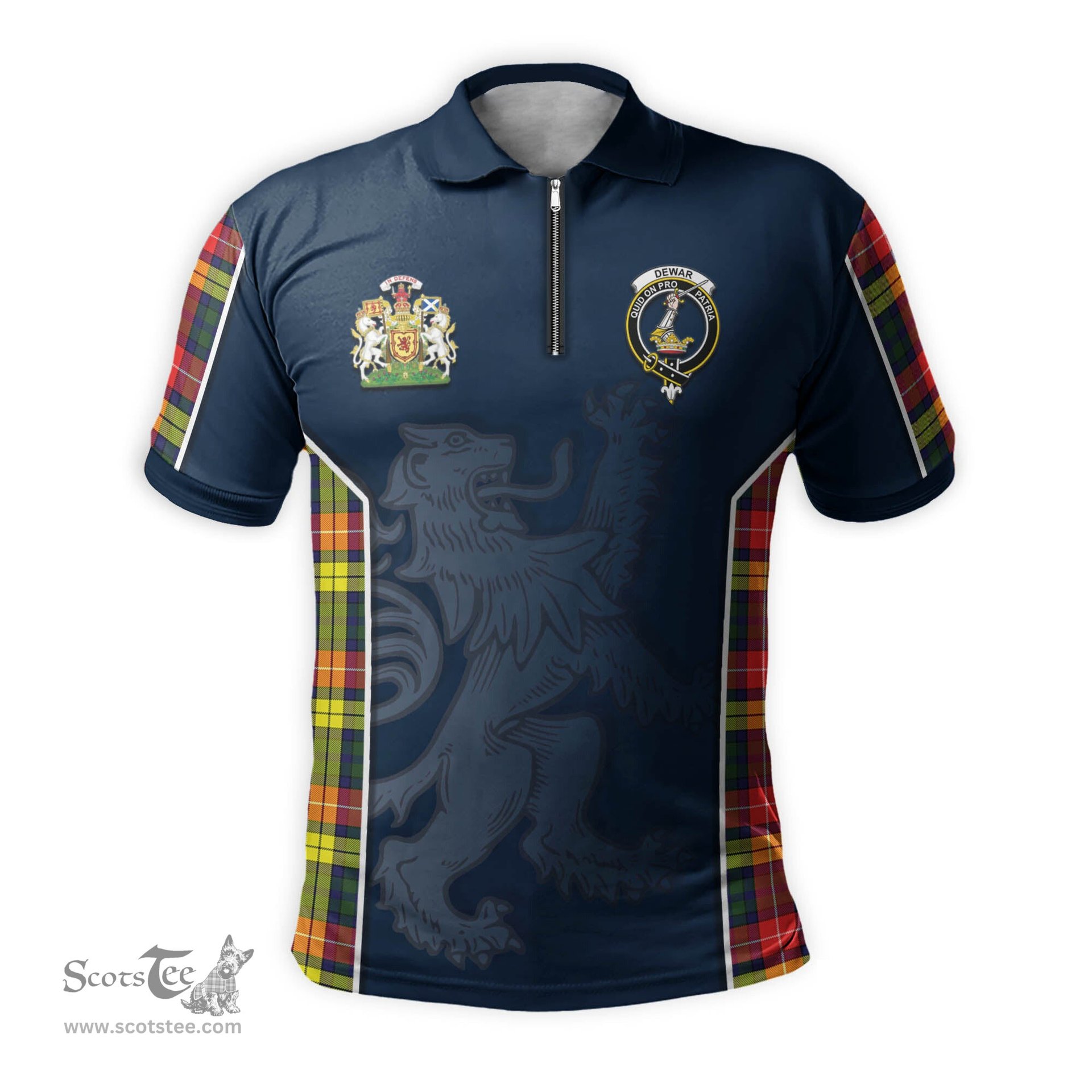 ScotsTee Shop Scottish Dewar Clan Scottish Crest and Scottish Lion Rampant Sport Tartan Zipper Polo Shirt