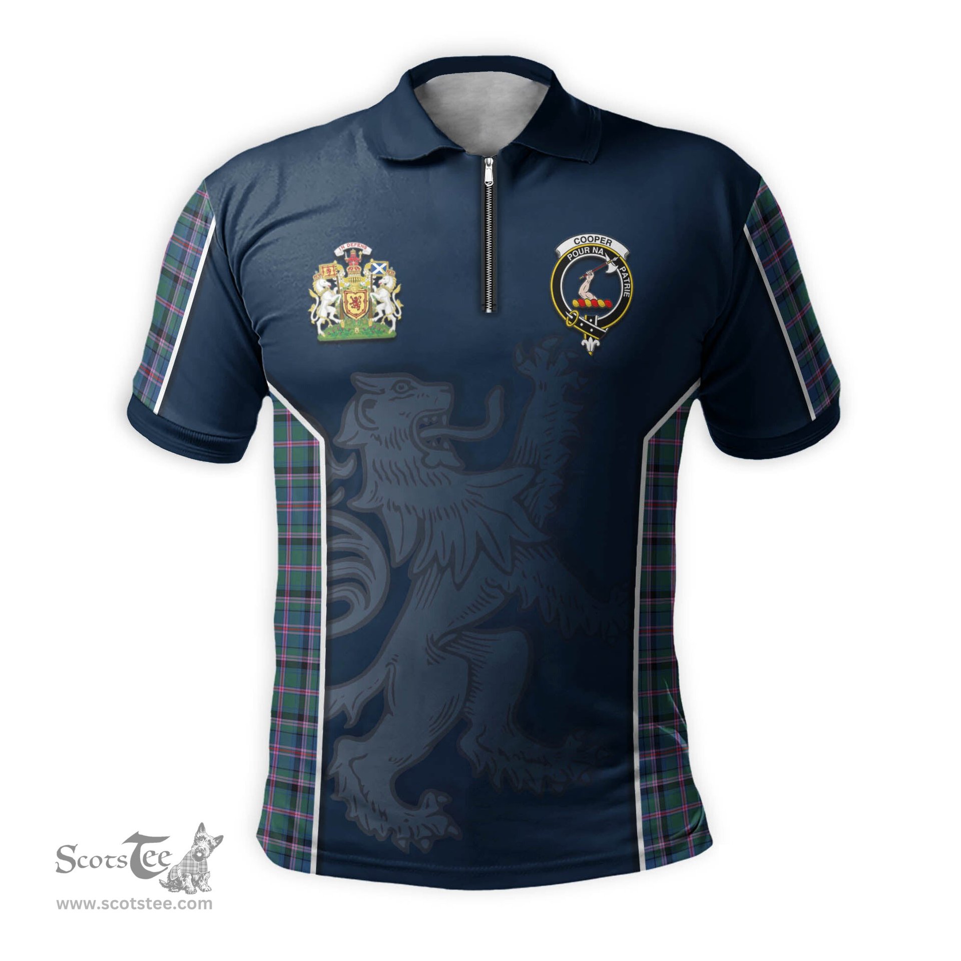 ScotsTee Shop Scottish Cooper Clan Scottish Crest and Scottish Lion Rampant Sport Tartan Zipper Polo Shirt