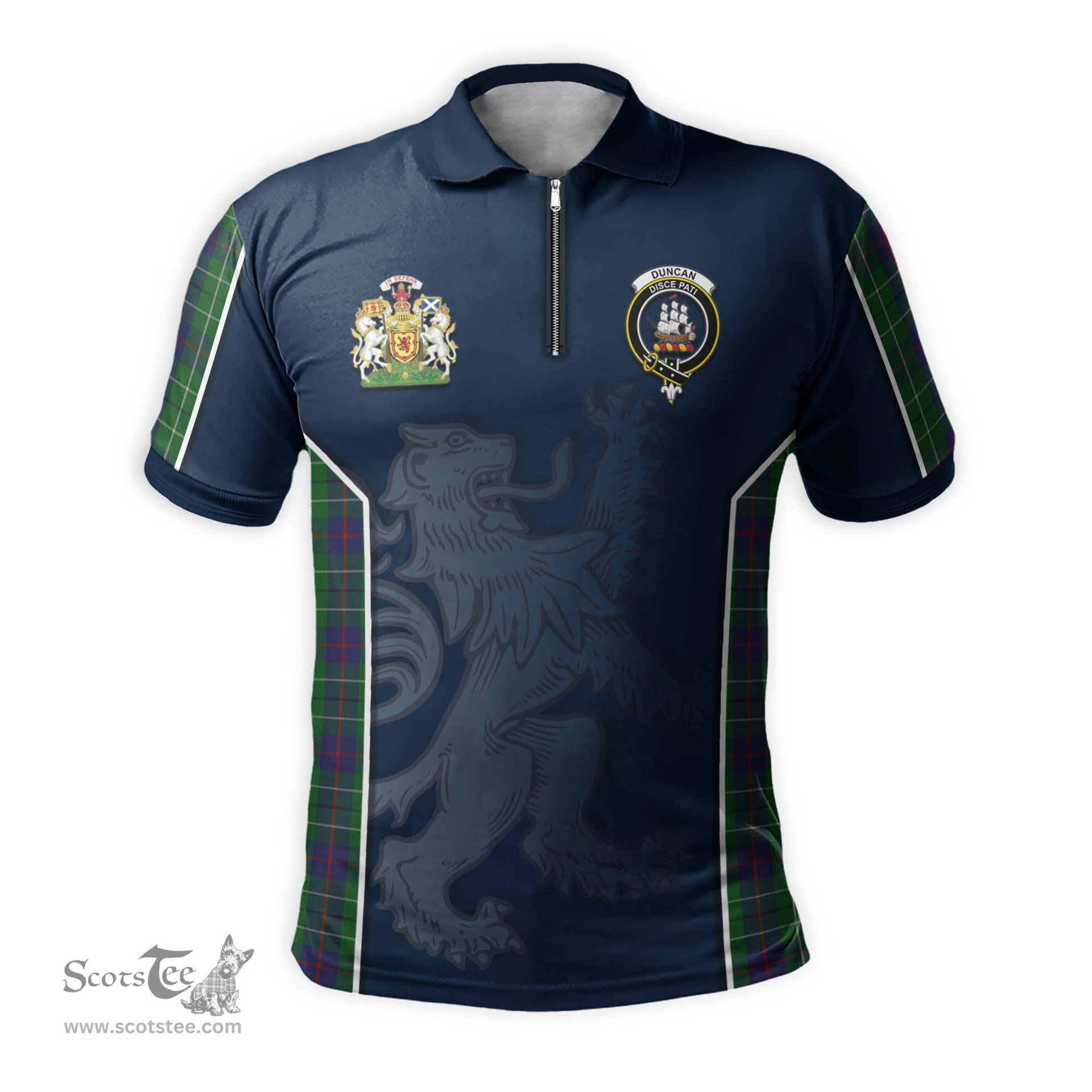 ScotsTee Shop Scottish Duncan Clan Scottish Crest and Scottish Lion Rampant Sport Tartan Zipper Polo Shirt