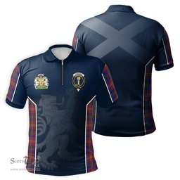 ScotsTee Shop Scottish Chisholm Hunting Modern Clan Scottish Crest and Scottish Lion Rampant Sport Tartan Zipper Polo Shirt