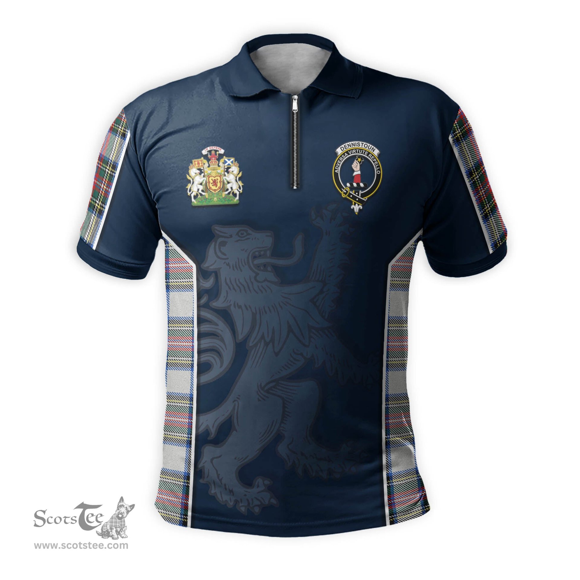 ScotsTee Shop Scottish Dennistoun Clan Scottish Crest and Scottish Lion Rampant Sport Tartan Zipper Polo Shirt