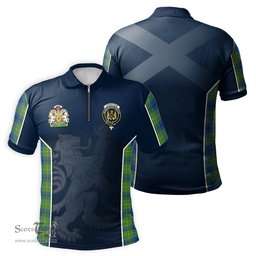 ScotsTee Shop Scottish Johnstone-Johnston Ancient Clan Scottish Crest and Scottish Lion Rampant Sport Tartan Zipper Polo Shirt