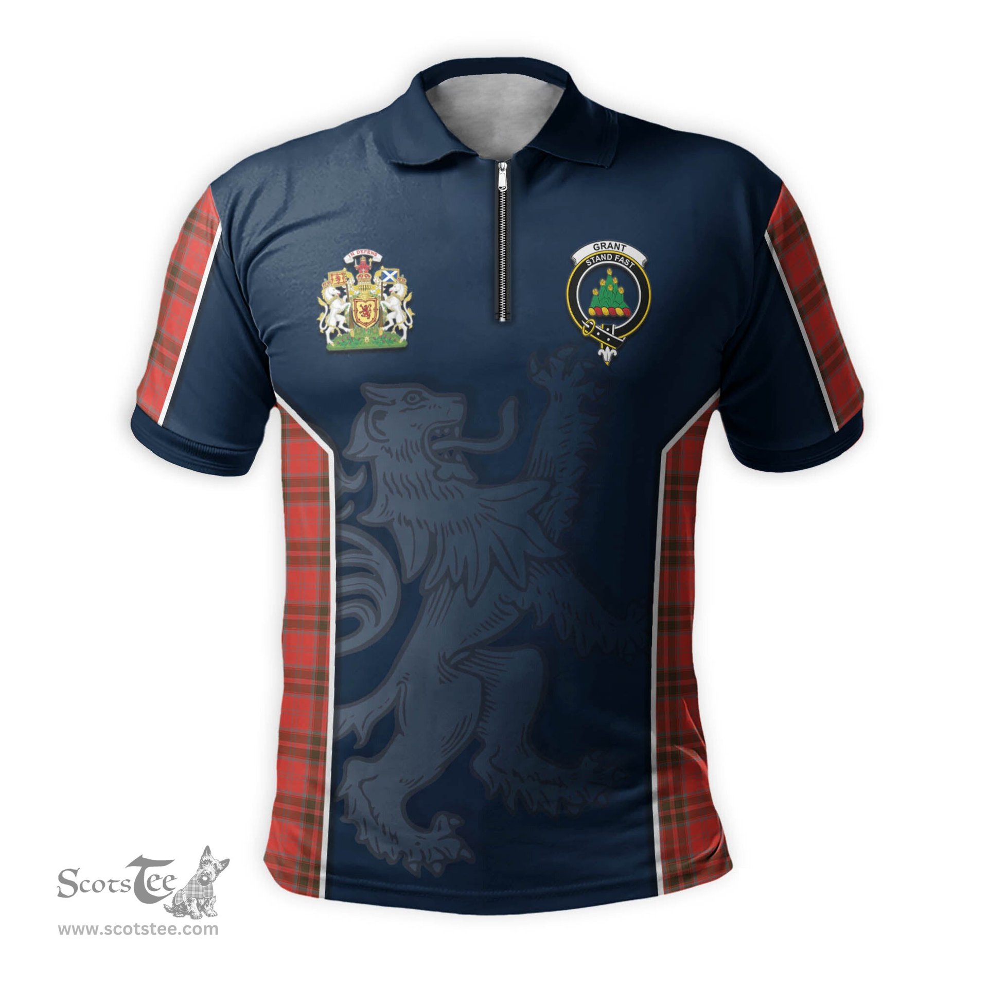 ScotsTee Shop Scottish Grant Weathered Clan Scottish Crest and Scottish Lion Rampant Sport Tartan Zipper Polo Shirt