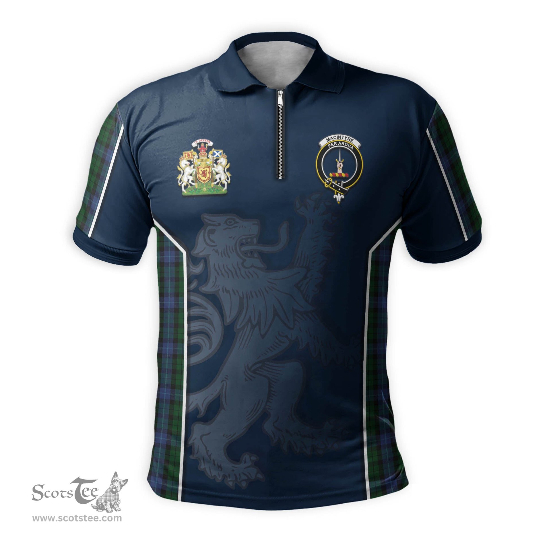 ScotsTee Shop Scottish MacIntyre Clan Scottish Crest and Scottish Lion Rampant Sport Tartan Zipper Polo Shirt