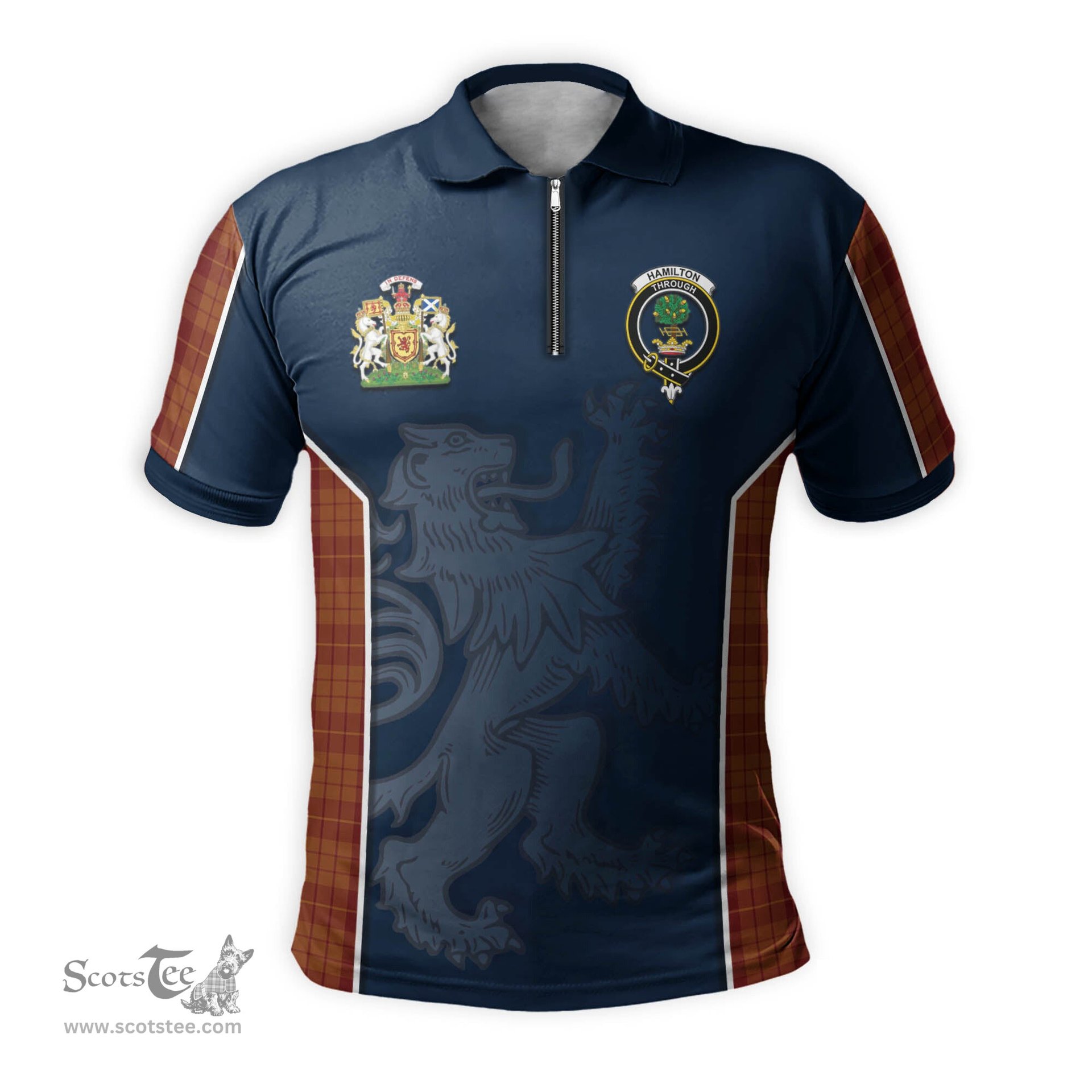 ScotsTee Shop Scottish Hamilton Red Clan Scottish Crest and Scottish Lion Rampant Sport Tartan Zipper Polo Shirt