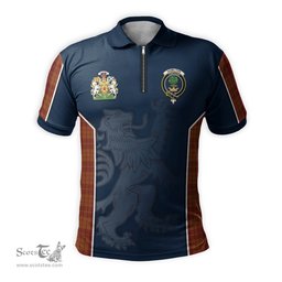 ScotsTee Shop Scottish Hamilton Red Clan Scottish Crest and Scottish Lion Rampant Sport Tartan Zipper Polo Shirt