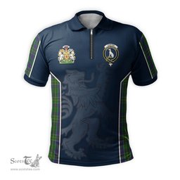 ScotsTee Shop Scottish Hunter of Hunterston Clan Scottish Crest and Scottish Lion Rampant Sport Tartan Zipper Polo Shirt