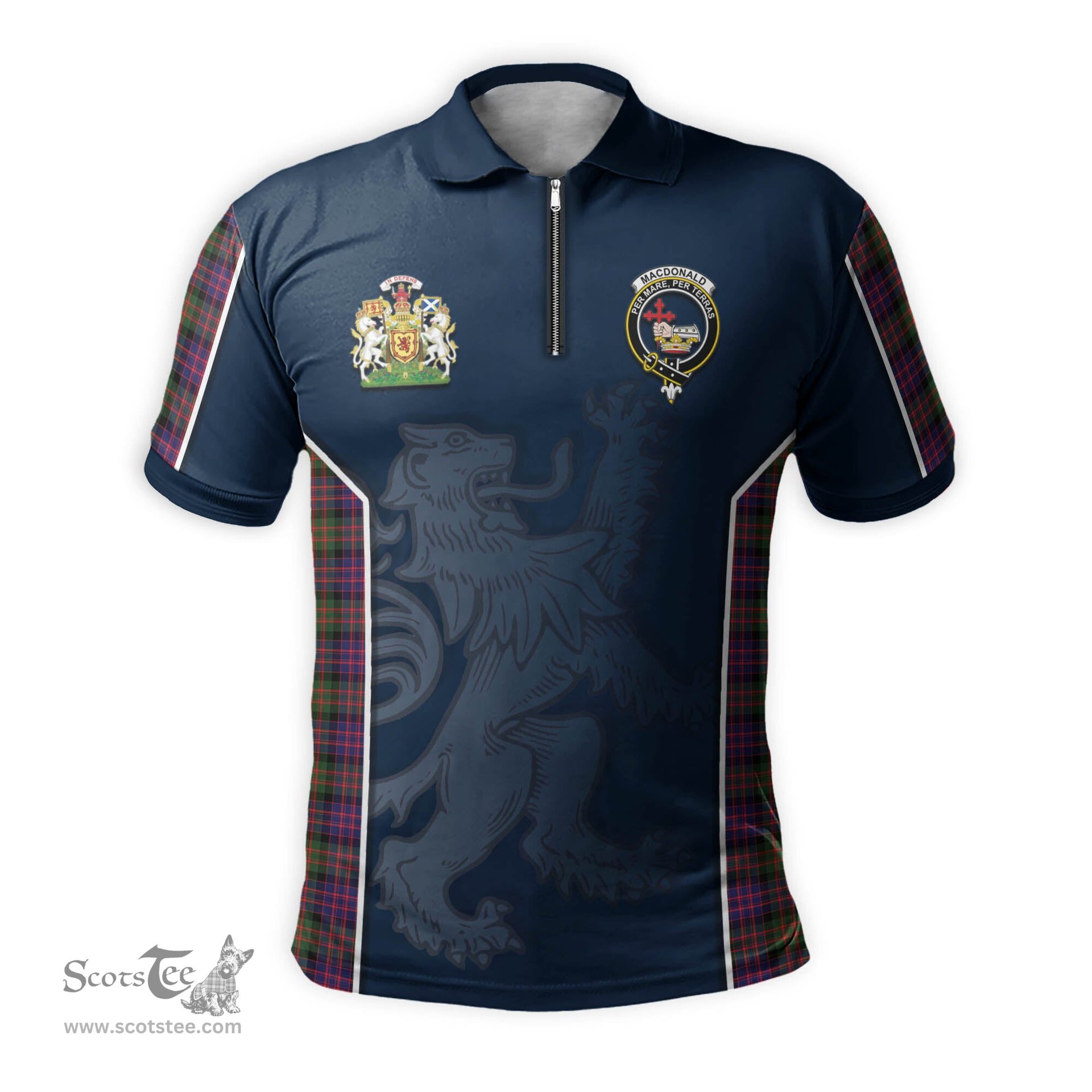 ScotsTee Shop Scottish MacDonald Modern Clan Scottish Crest and Scottish Lion Rampant Sport Tartan Zipper Polo Shirt