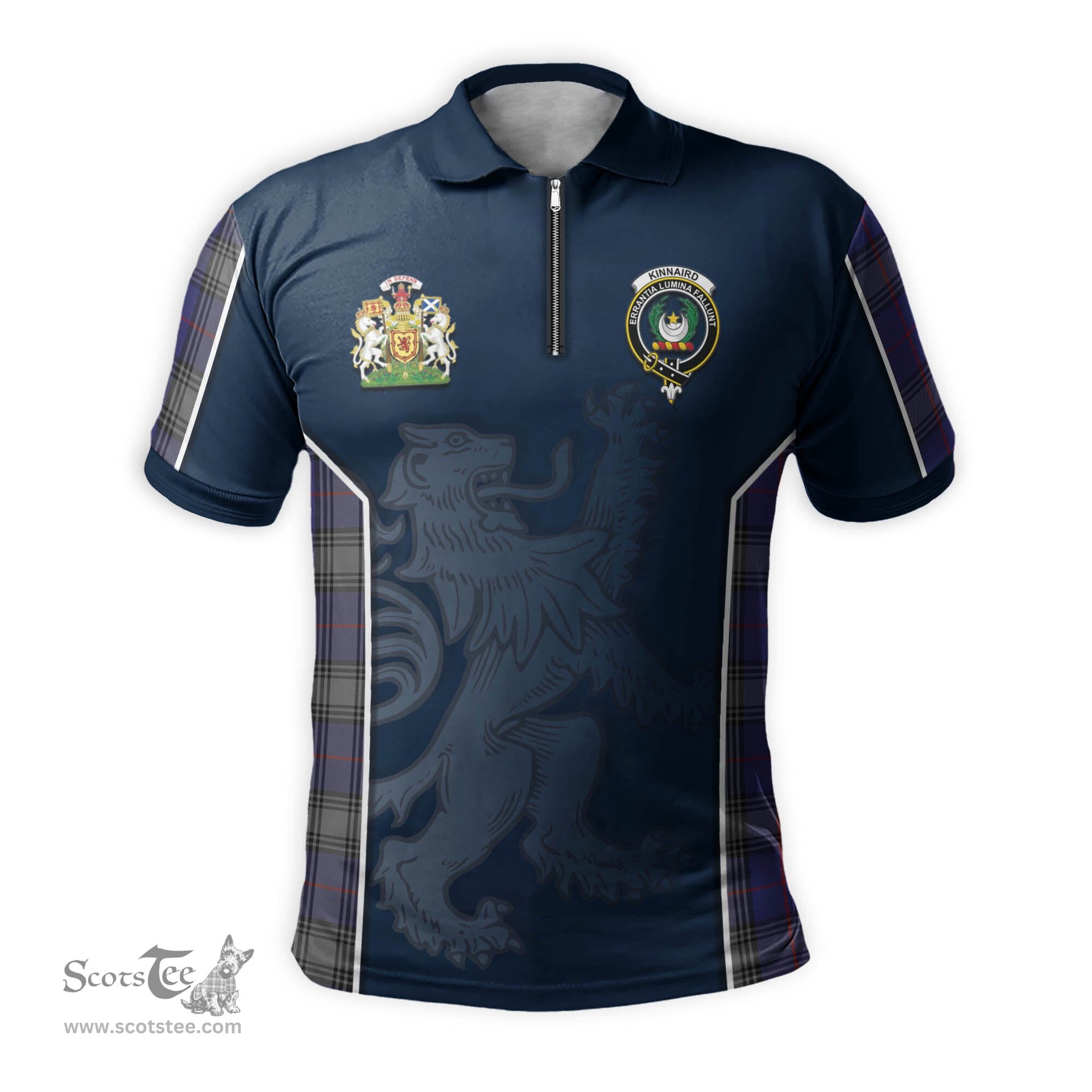 ScotsTee Shop Scottish Kinnaird Clan Scottish Crest and Scottish Lion Rampant Sport Tartan Zipper Polo Shirt