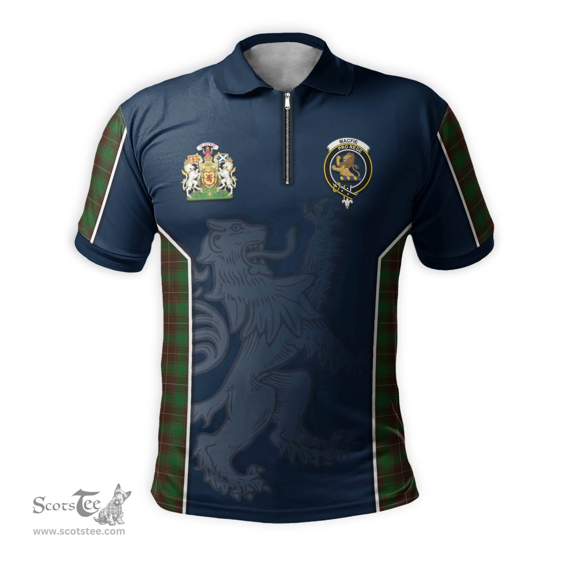 ScotsTee Shop Scottish MacFie Hunting Clan Scottish Crest and Scottish Lion Rampant Sport Tartan Zipper Polo Shirt