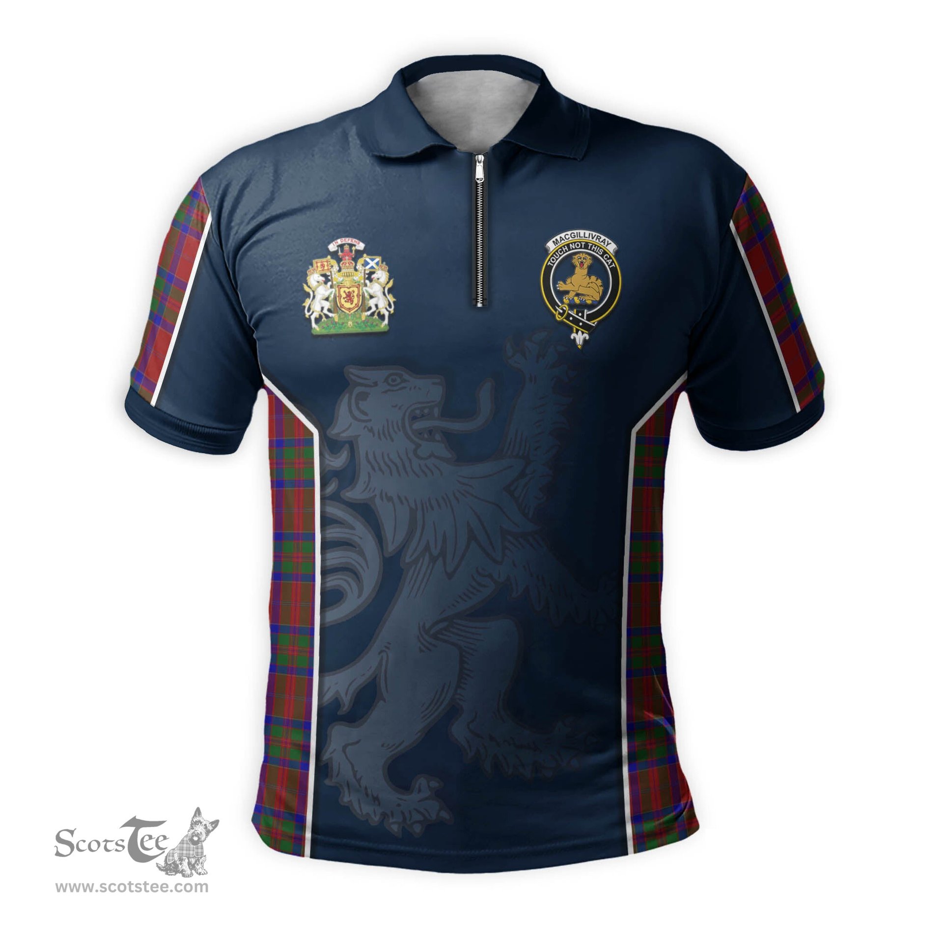 ScotsTee Shop Scottish MacGillivray Clan Scottish Crest and Scottish Lion Rampant Sport Tartan Zipper Polo Shirt