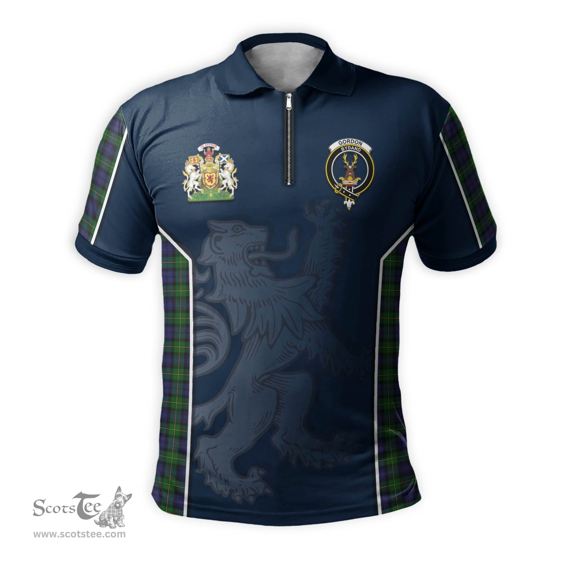 ScotsTee Shop Scottish Gordon Clan Scottish Crest and Scottish Lion Rampant Sport Tartan Zipper Polo Shirt