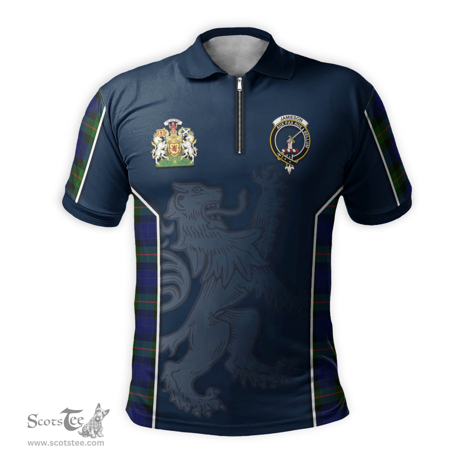 ScotsTee Shop Scottish Jamieson Clan Scottish Crest and Scottish Lion Rampant Sport Tartan Zipper Polo Shirt
