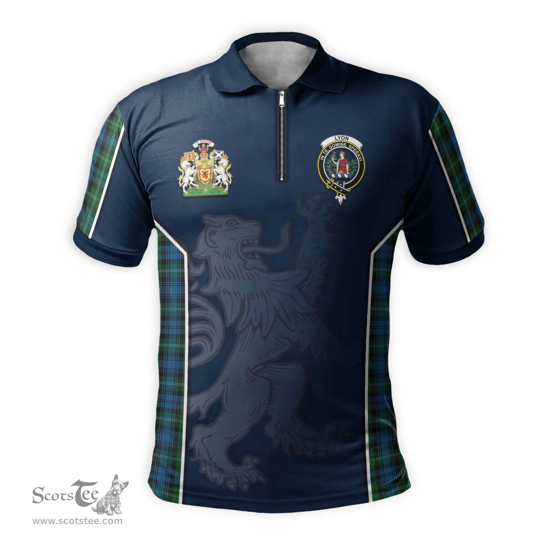 ScotsTee Shop Scottish Lyon Clan Scottish Crest and Scottish Lion Rampant Sport Tartan Zipper Polo Shirt