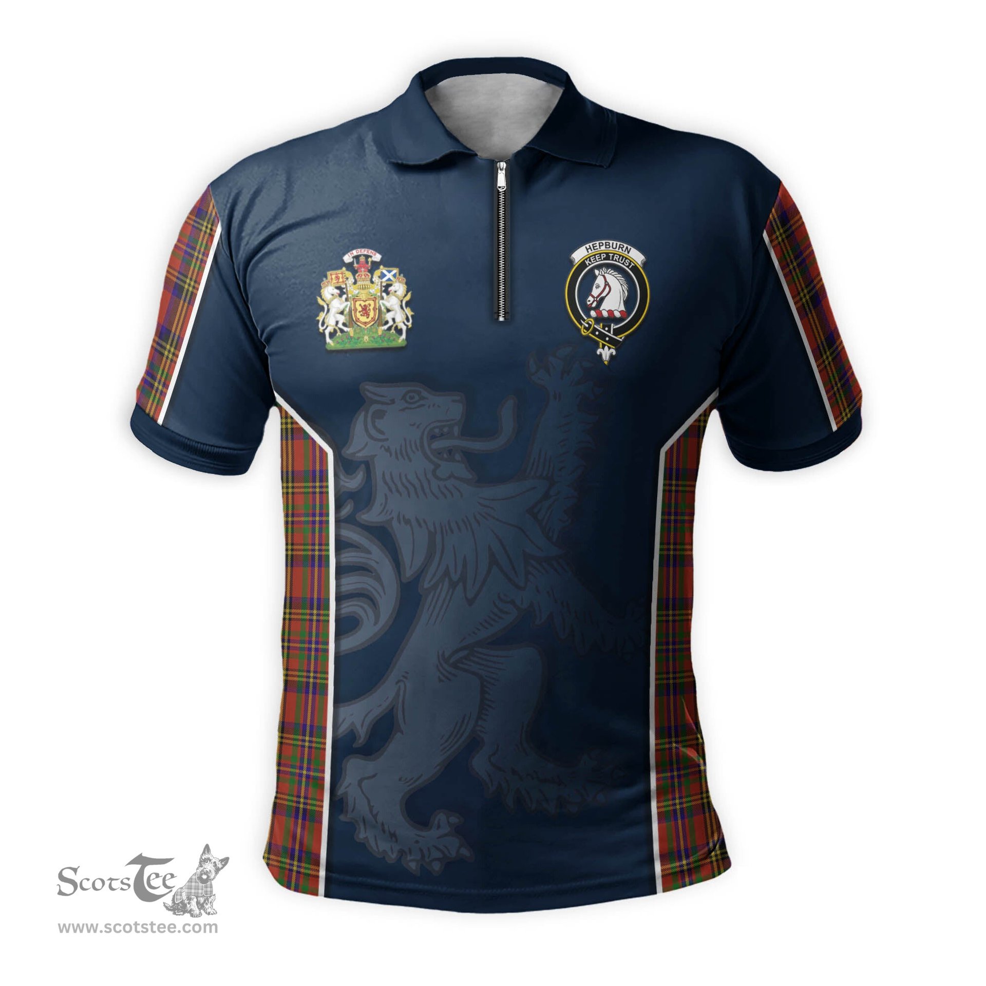 ScotsTee Shop Scottish Hepburn Clan Scottish Crest and Scottish Lion Rampant Sport Tartan Zipper Polo Shirt