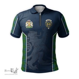 ScotsTee Shop Scottish Johnstone-Johnston Clan Scottish Crest and Scottish Lion Rampant Sport Tartan Zipper Polo Shirt