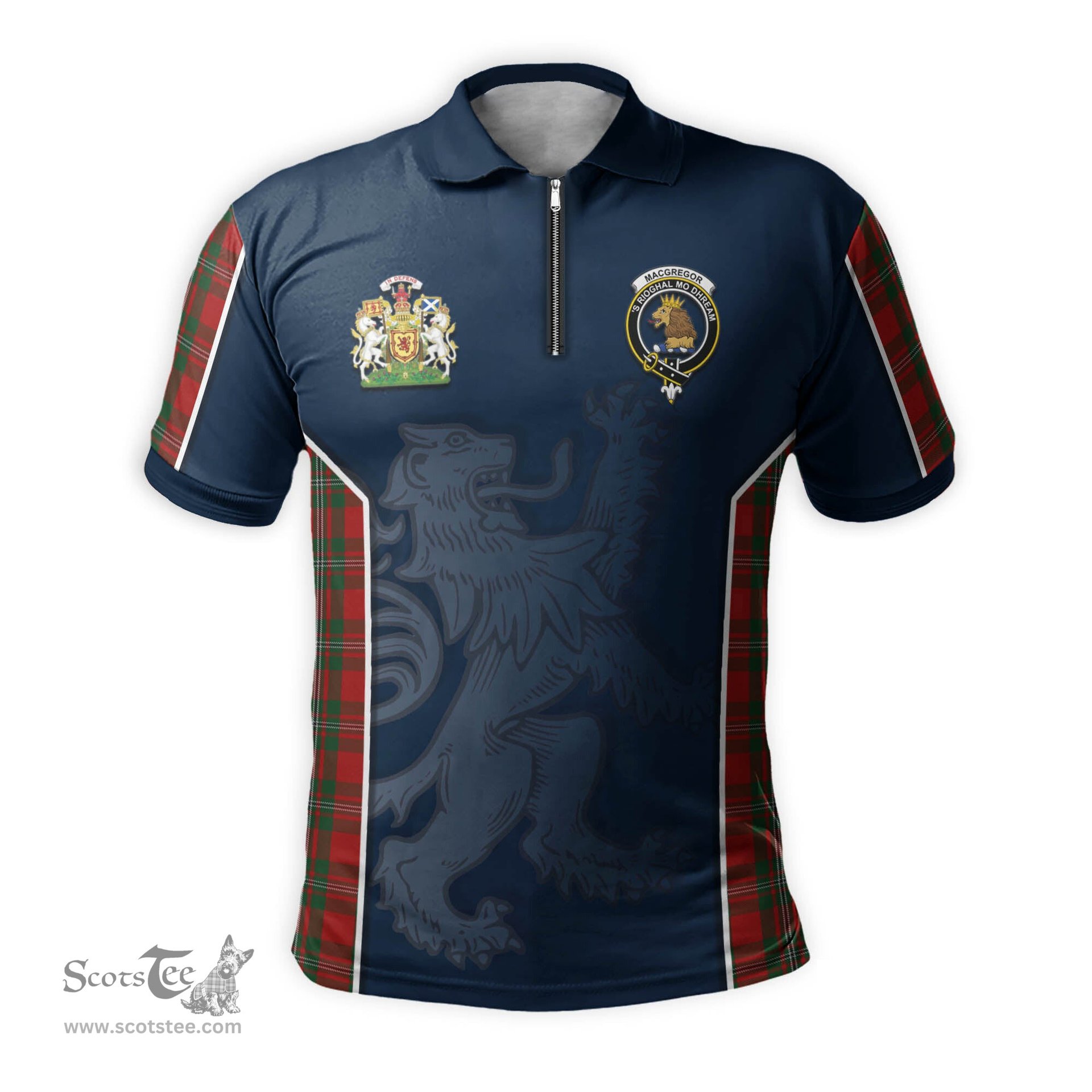 ScotsTee Shop Scottish MacGregor Clan Scottish Crest and Scottish Lion Rampant Sport Tartan Zipper Polo Shirt