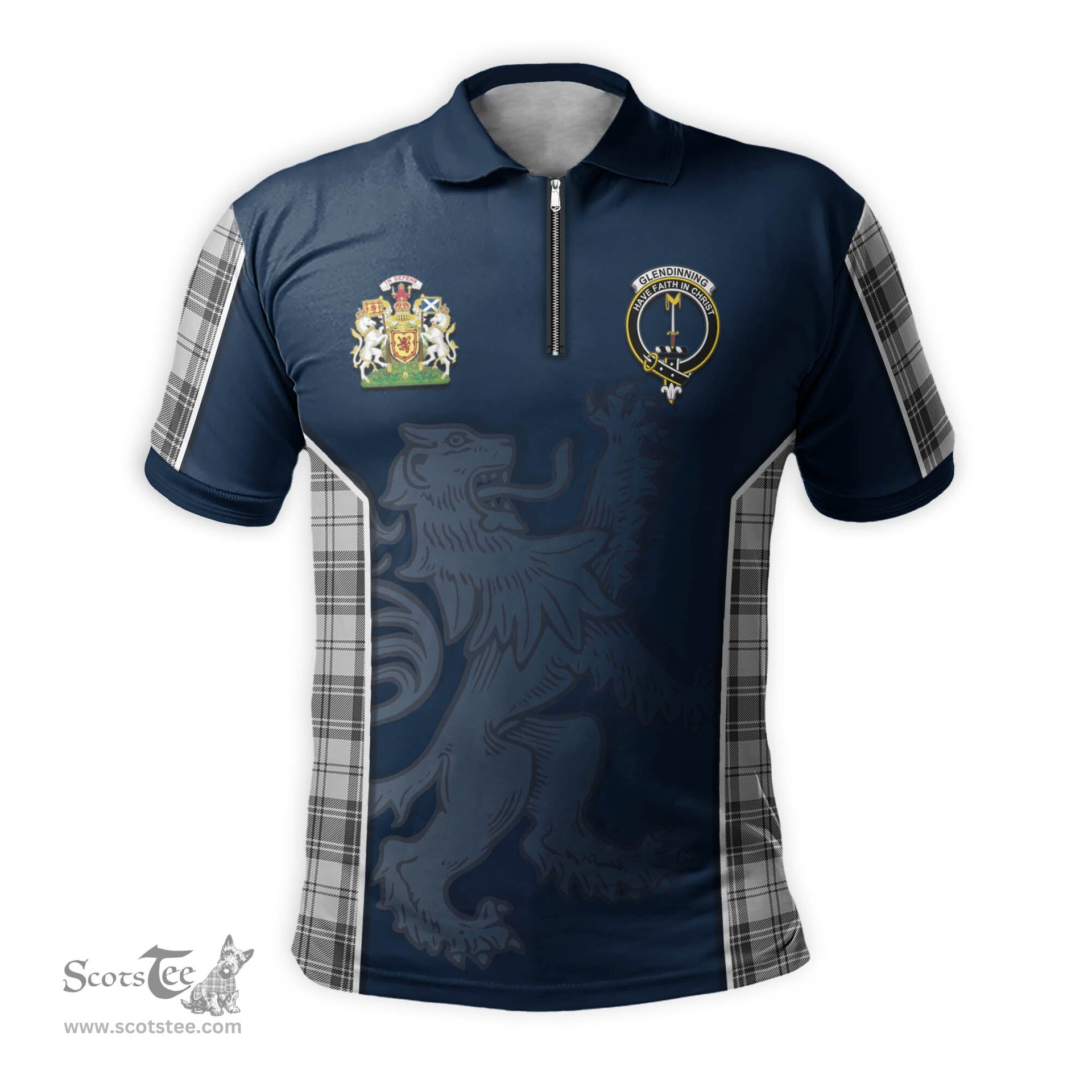 ScotsTee Shop Scottish Glendinning Clan Scottish Crest and Scottish Lion Rampant Sport Tartan Zipper Polo Shirt
