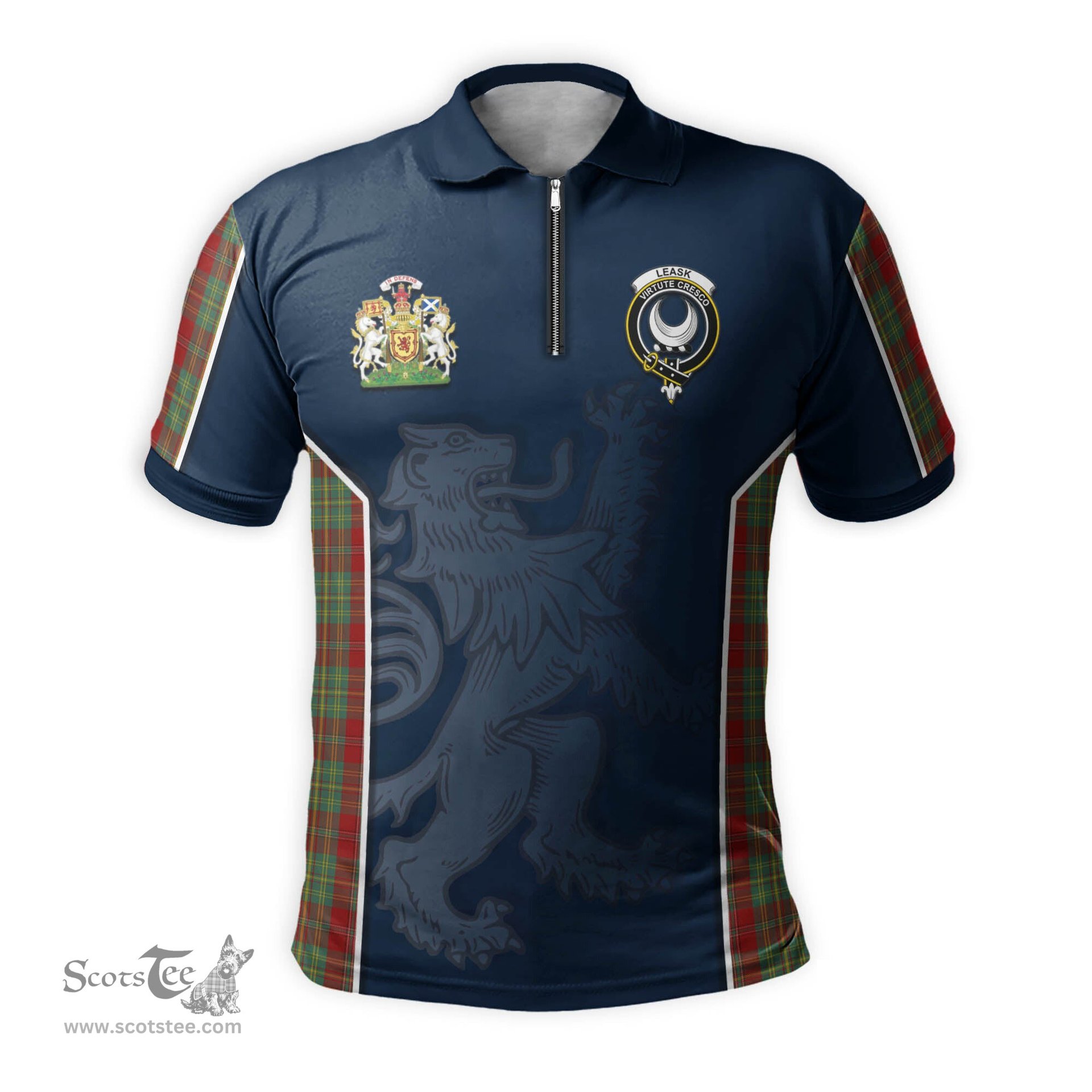 ScotsTee Shop Scottish Leask Clan Scottish Crest and Scottish Lion Rampant Sport Tartan Zipper Polo Shirt