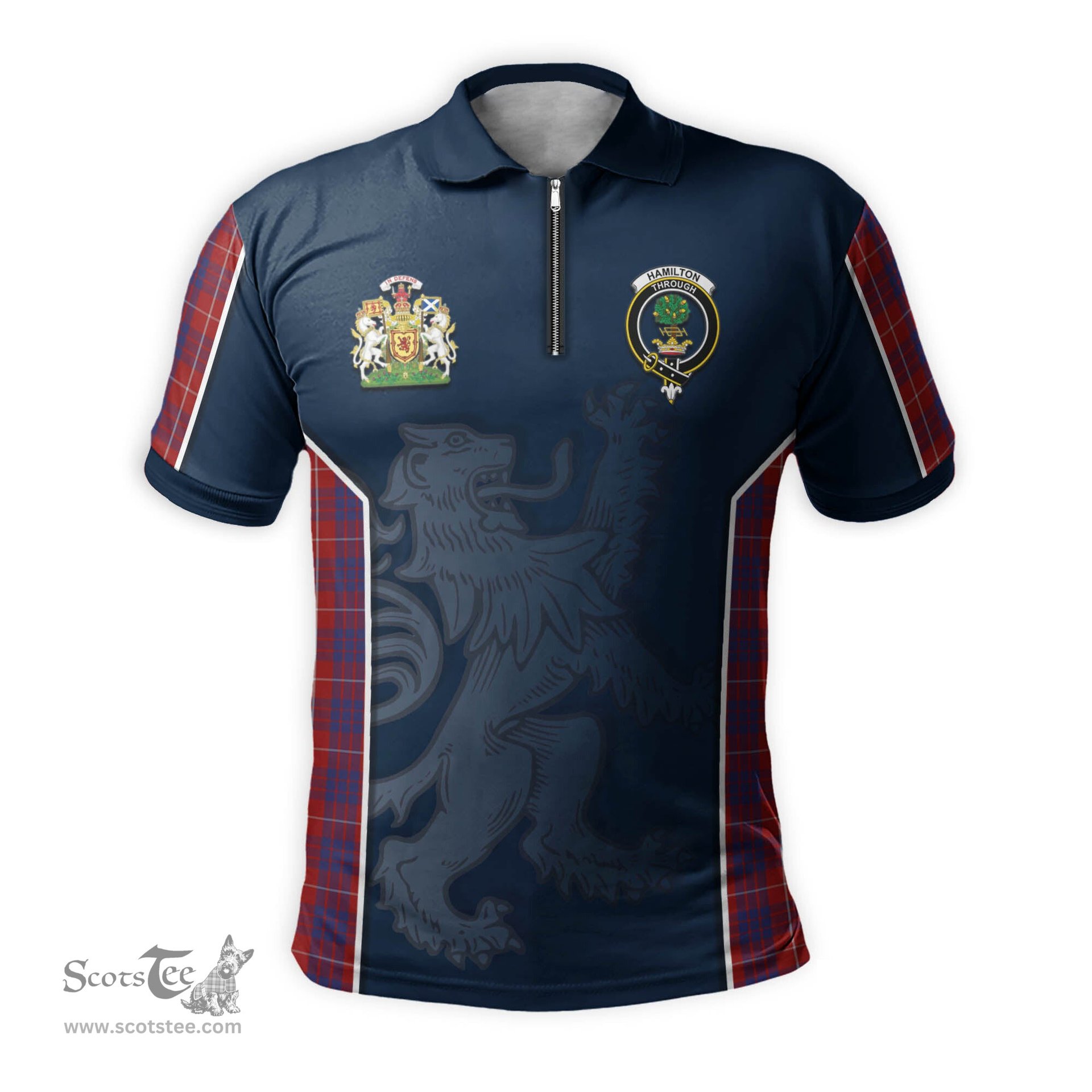 ScotsTee Shop Scottish Hamilton Clan Scottish Crest and Scottish Lion Rampant Sport Tartan Zipper Polo Shirt