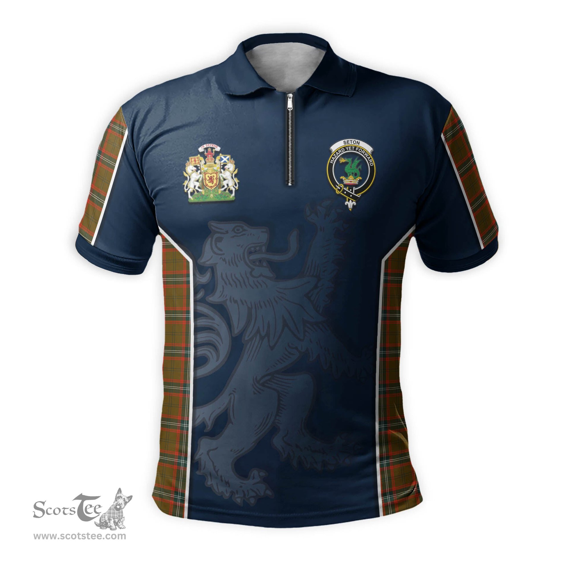 ScotsTee Shop Scottish Seton Hunting Modern Clan Scottish Crest and Scottish Lion Rampant Sport Tartan Zipper Polo Shirt