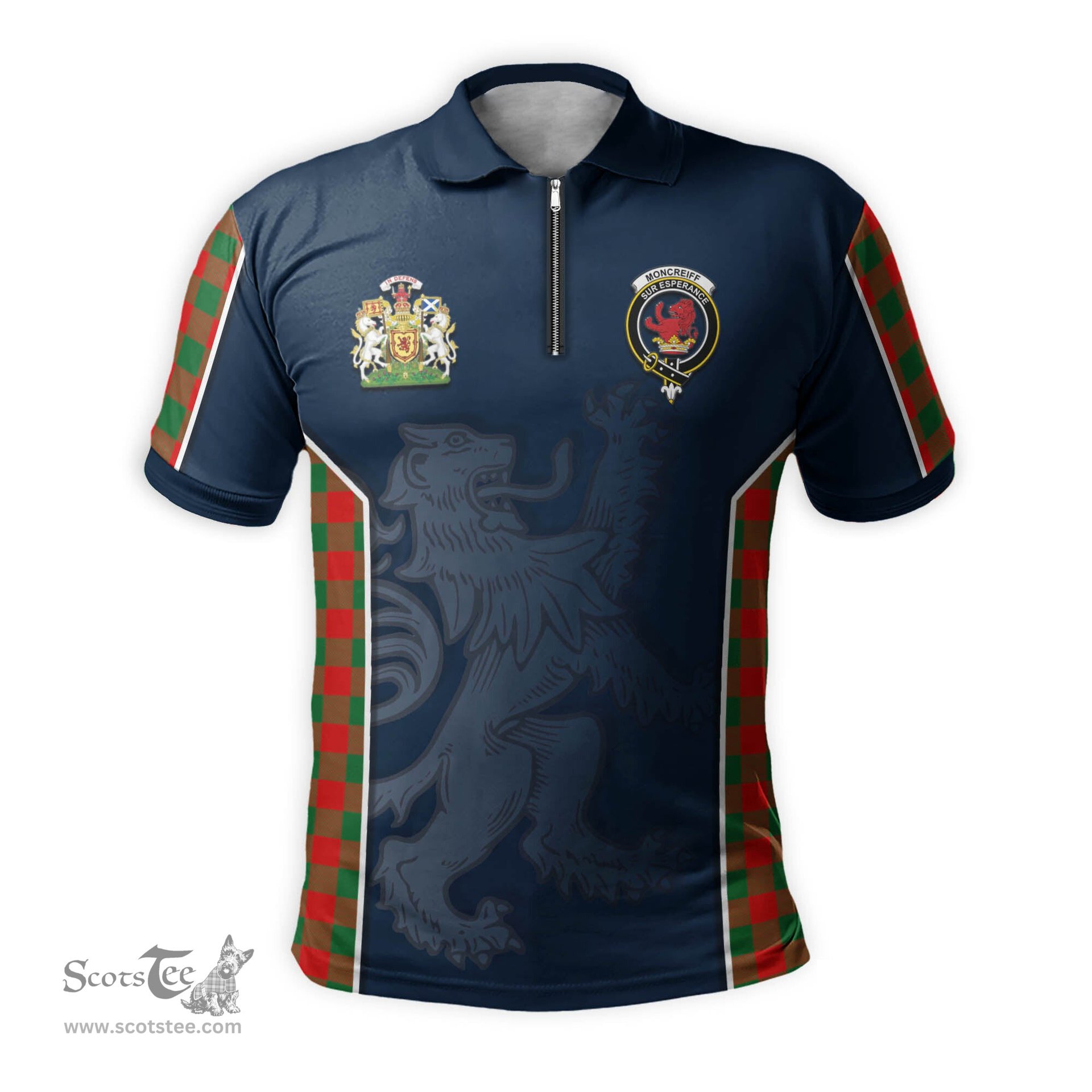 ScotsTee Shop Scottish Moncrieff Modern Clan Scottish Crest and Scottish Lion Rampant Sport Tartan Zipper Polo Shirt