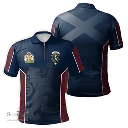 ScotsTee Shop Scottish Murray of Tullibardine Clan Scottish Crest and Scottish Lion Rampant Sport Tartan Zipper Polo Shirt