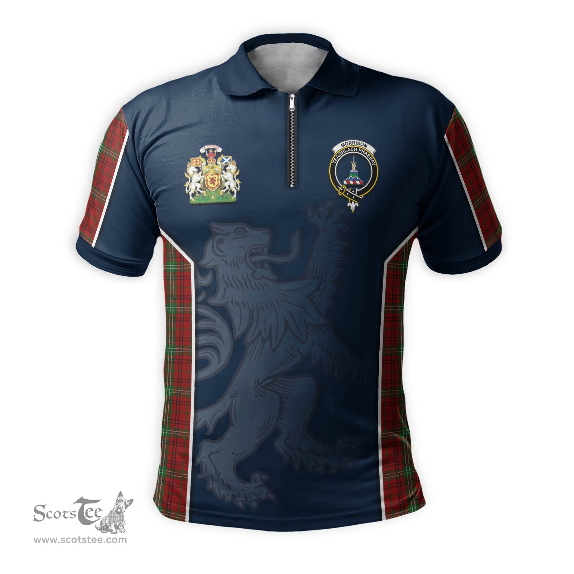 ScotsTee Shop Scottish Morrison Clan Scottish Crest and Scottish Lion Rampant Sport Tartan Zipper Polo Shirt