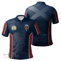 ScotsTee Shop Scottish Stuart of Bute Clan Scottish Crest and Scottish Lion Rampant Sport Tartan Zipper Polo Shirt