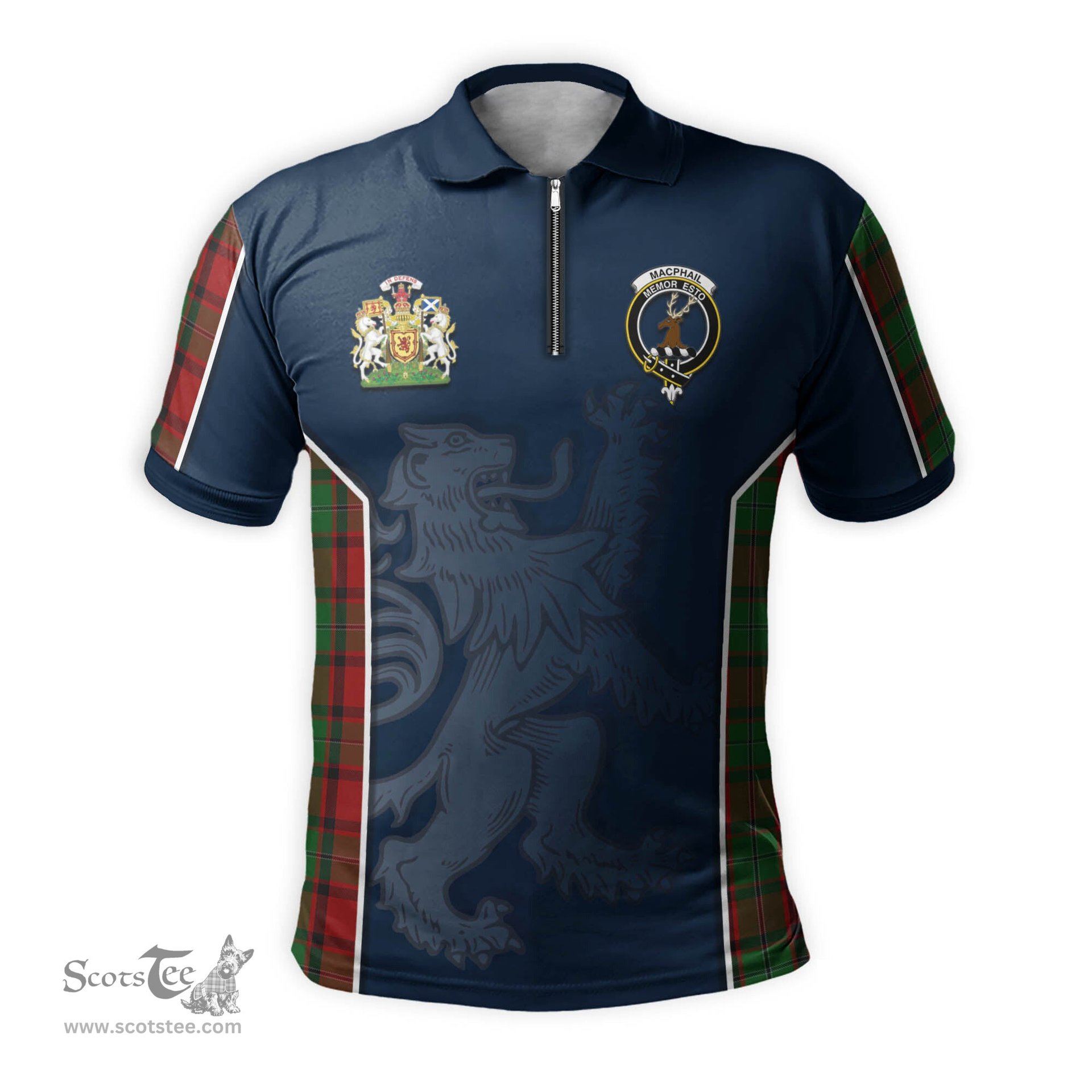 ScotsTee Shop Scottish MacPhail Clan Scottish Crest and Scottish Lion Rampant Sport Tartan Zipper Polo Shirt