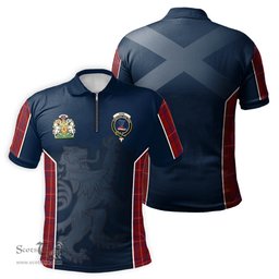 ScotsTee Shop Scottish Rose Clan Scottish Crest and Scottish Lion Rampant Sport Tartan Zipper Polo Shirt