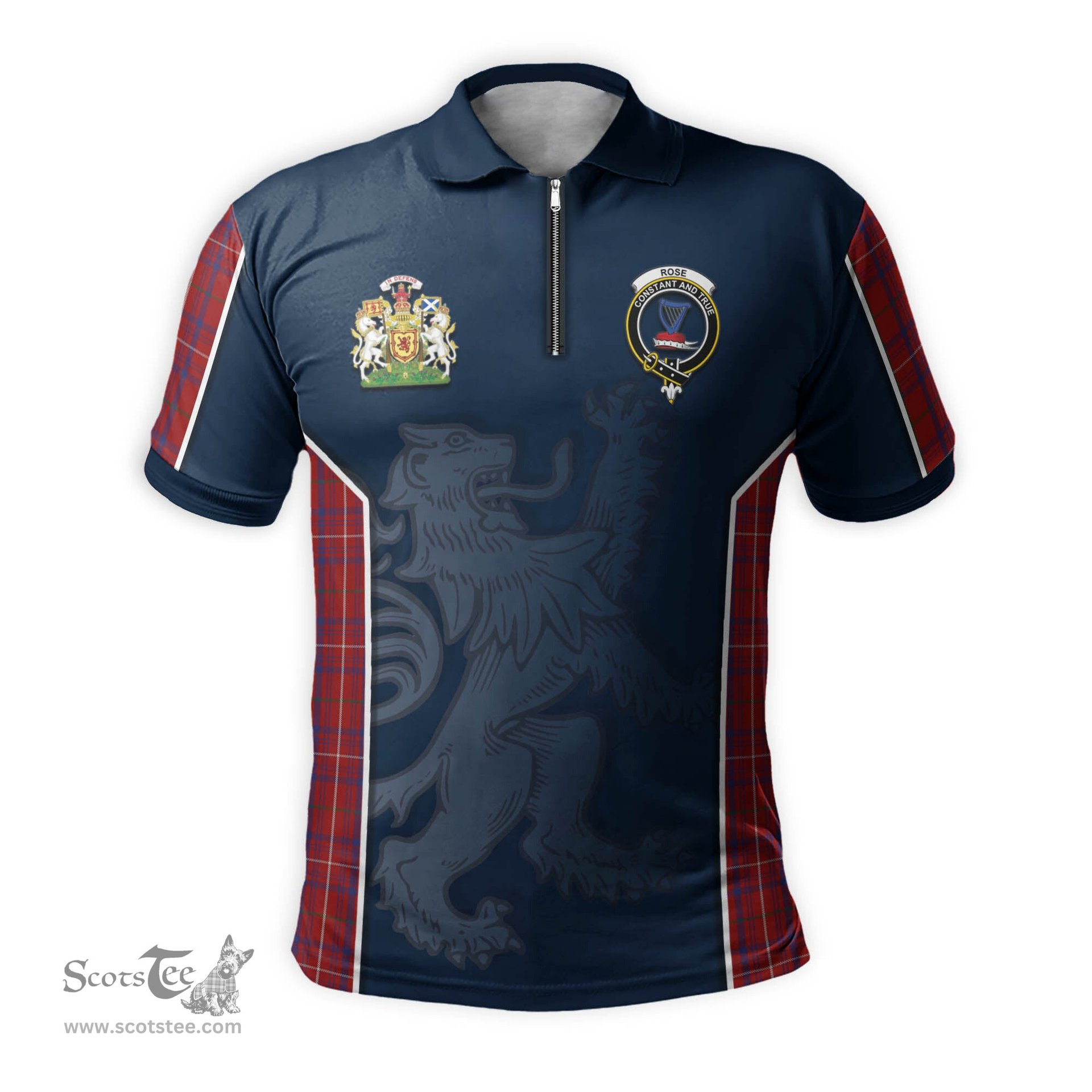 ScotsTee Shop Scottish Rose Clan Scottish Crest and Scottish Lion Rampant Sport Tartan Zipper Polo Shirt