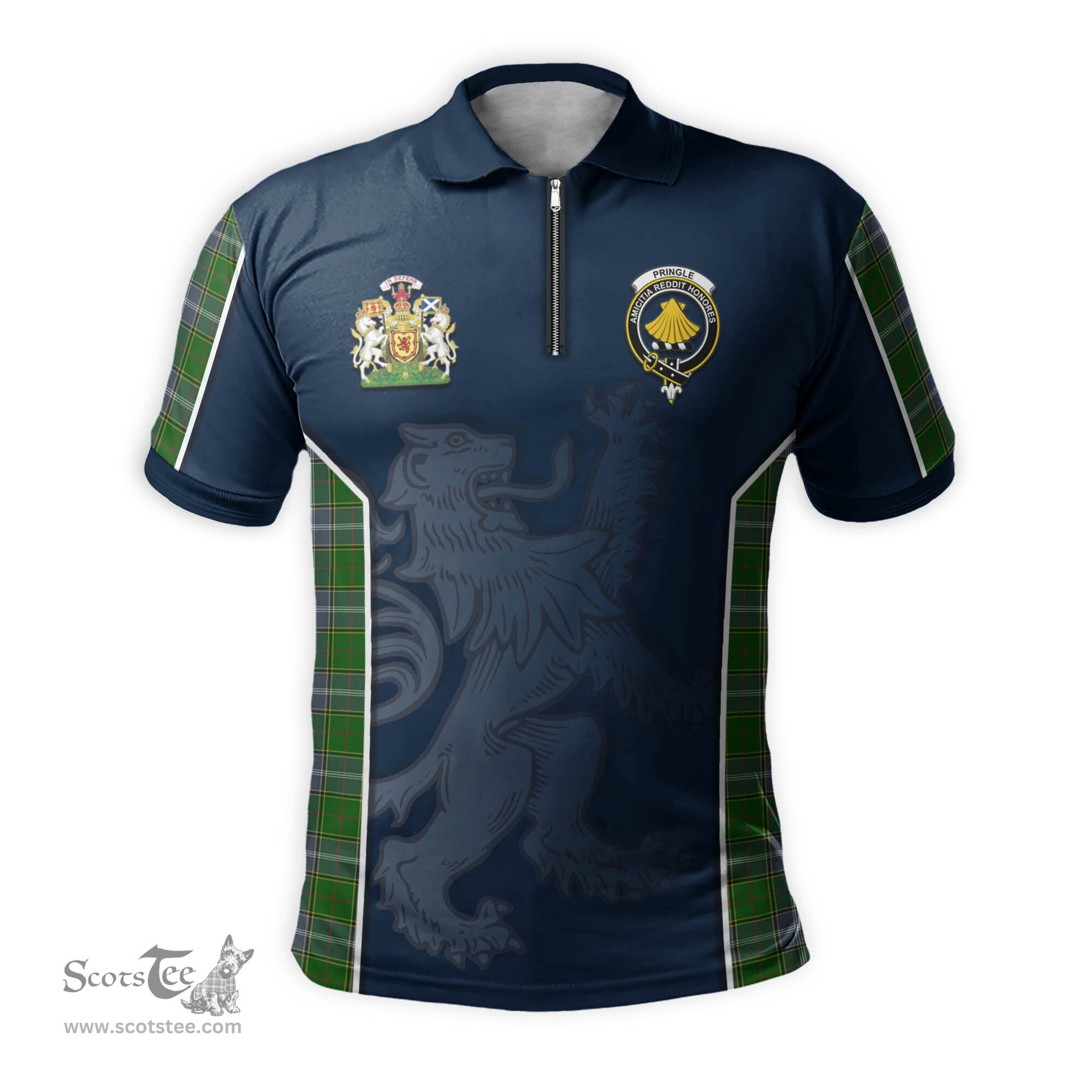 ScotsTee Shop Scottish Pringle Clan Scottish Crest and Scottish Lion Rampant Sport Tartan Zipper Polo Shirt