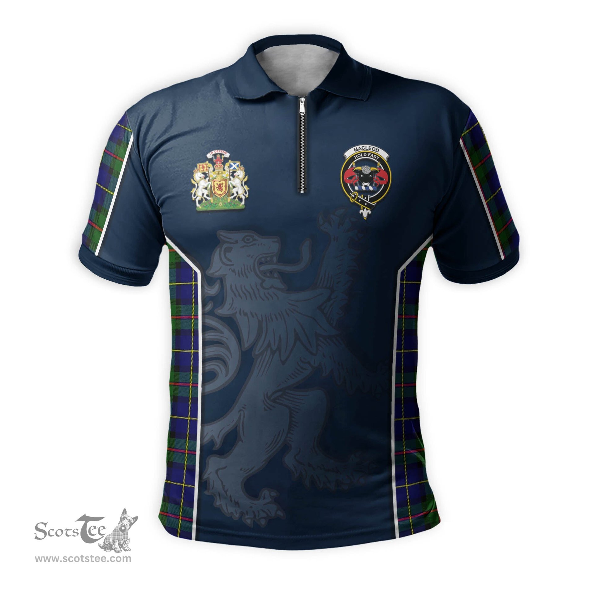 ScotsTee Shop Scottish MacLeod of Harris Modern Clan Scottish Crest and Scottish Lion Rampant Sport Tartan Zipper Polo Shirt