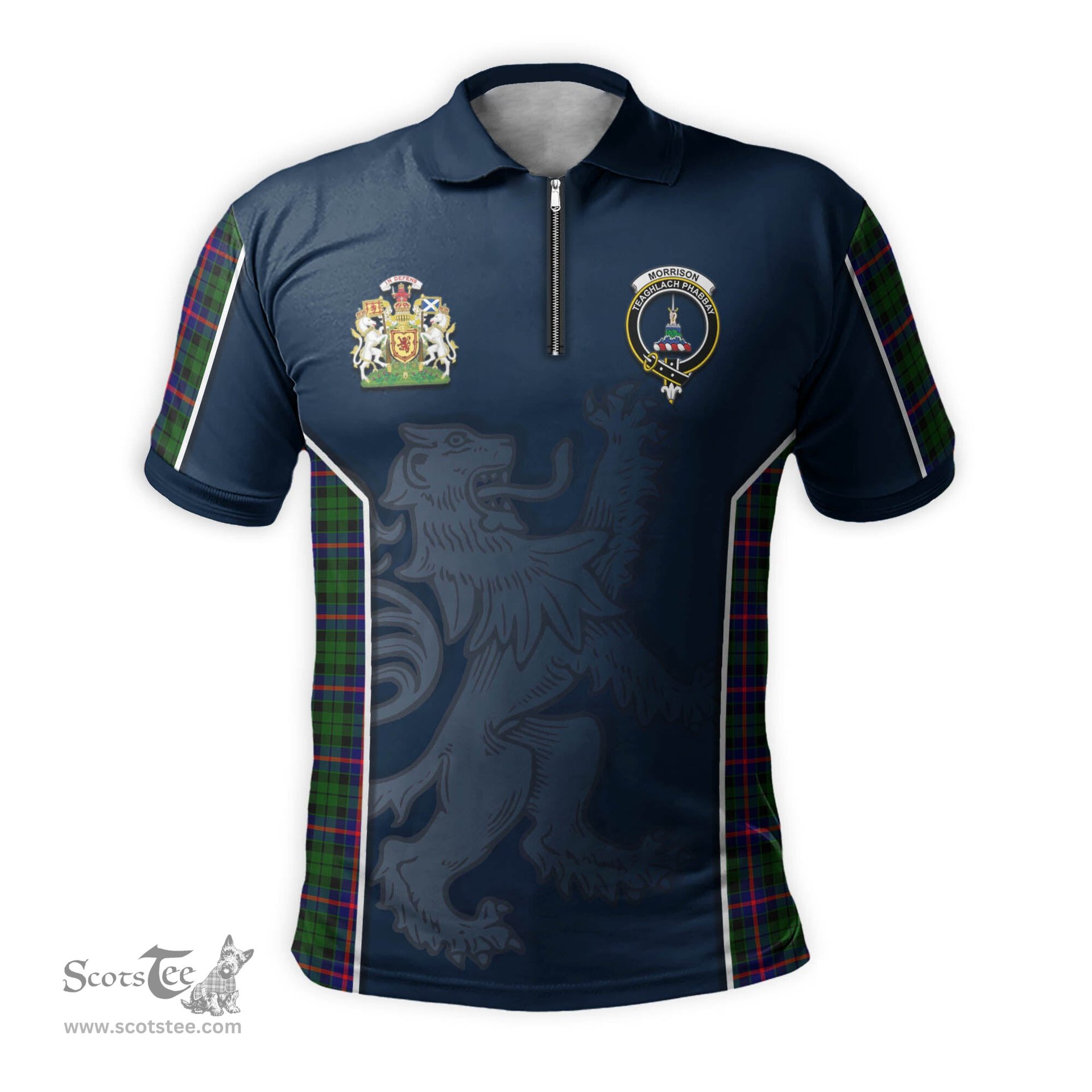 ScotsTee Shop Scottish Morrison Modern Clan Scottish Crest and Scottish Lion Rampant Sport Tartan Zipper Polo Shirt