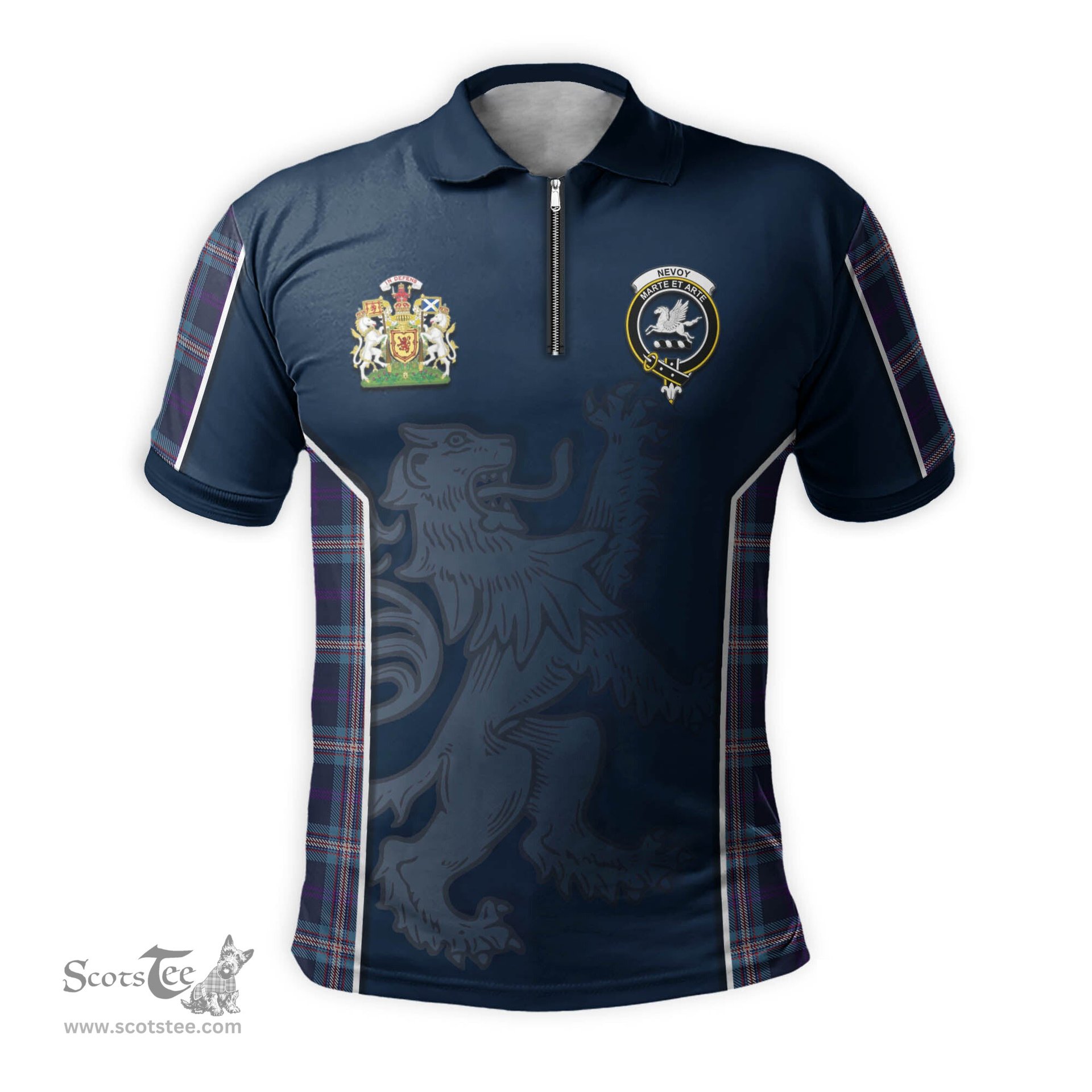 ScotsTee Shop Scottish Nevoy Clan Scottish Crest and Scottish Lion Rampant Sport Tartan Zipper Polo Shirt