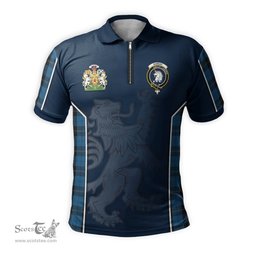 ScotsTee Shop Scottish Ramsay Blue Hunting Clan Scottish Crest and Scottish Lion Rampant Sport Tartan Zipper Polo Shirt