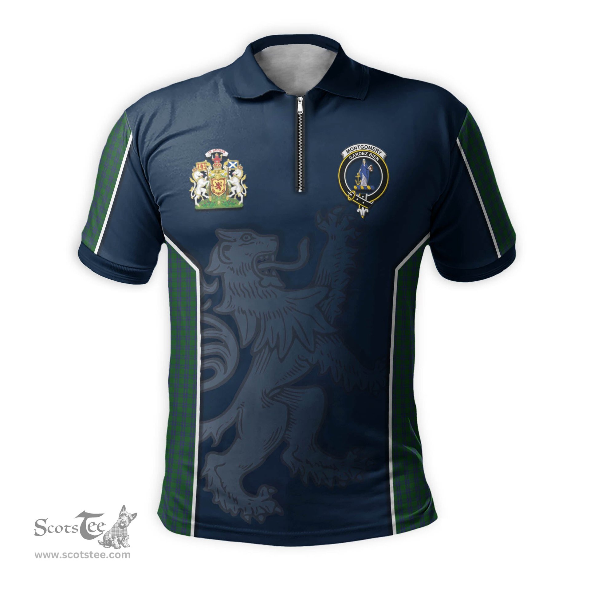 ScotsTee Shop Scottish Montgomery Clan Scottish Crest and Scottish Lion Rampant Sport Tartan Zipper Polo Shirt