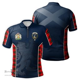 ScotsTee Shop Scottish Wallace Hunting Red Clan Scottish Crest and Scottish Lion Rampant Sport Tartan Zipper Polo Shirt