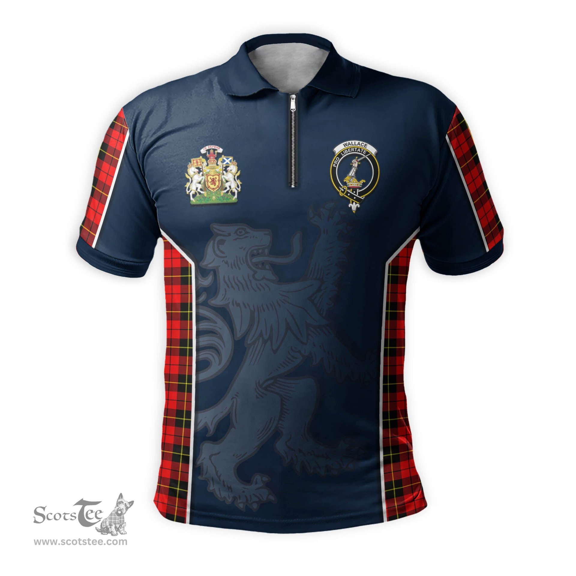 ScotsTee Shop Scottish Wallace Hunting Red Clan Scottish Crest and Scottish Lion Rampant Sport Tartan Zipper Polo Shirt