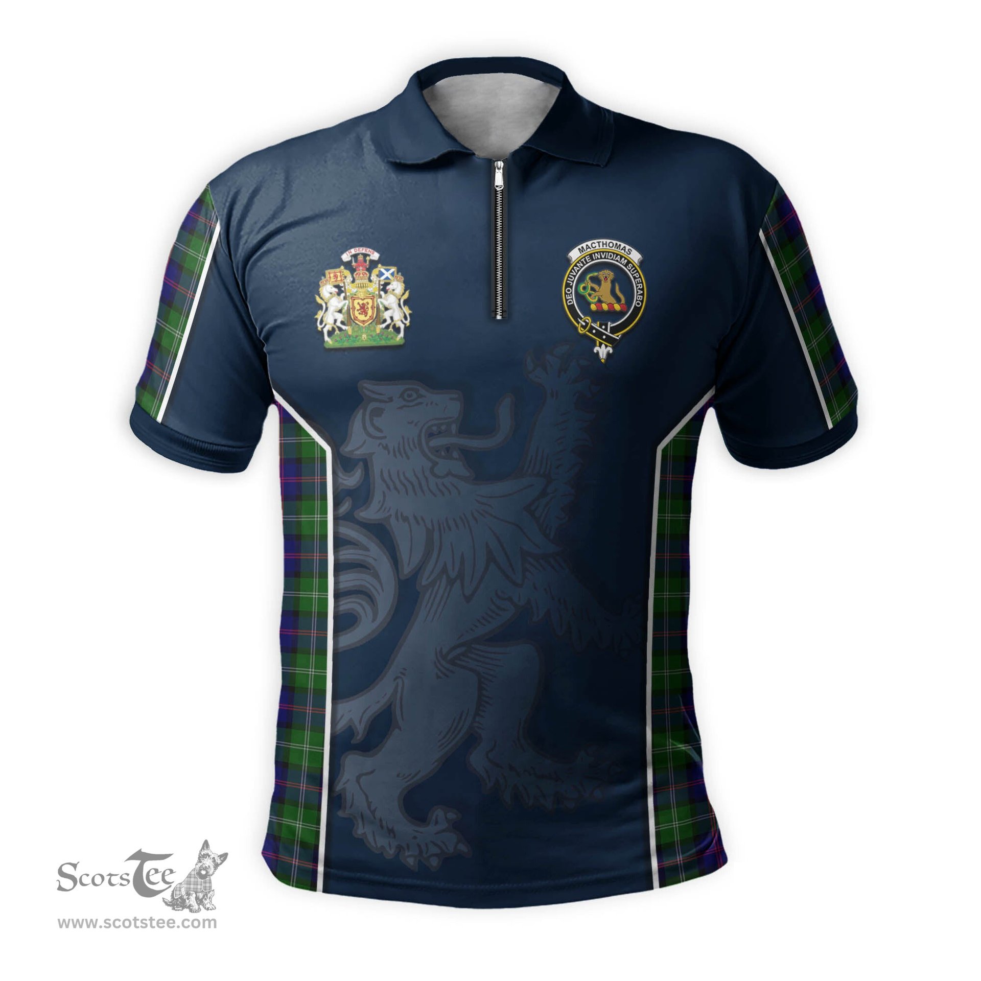 ScotsTee Shop Scottish MacThomas Modern Clan Scottish Crest and Scottish Lion Rampant Sport Tartan Zipper Polo Shirt