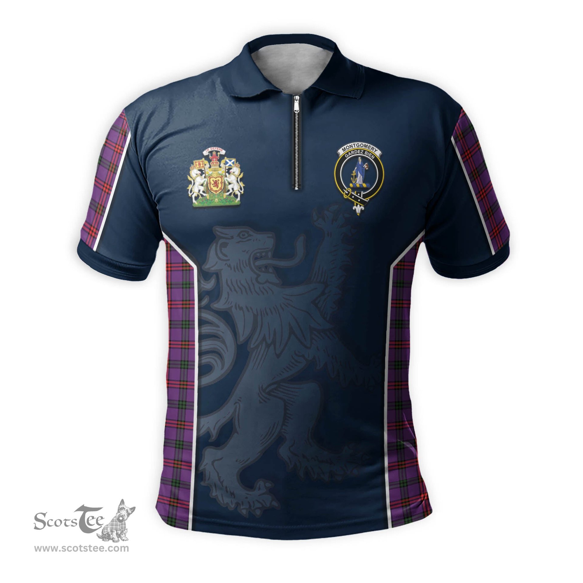 ScotsTee Shop Scottish Montgomery Modern Clan Scottish Crest and Scottish Lion Rampant Sport Tartan Zipper Polo Shirt