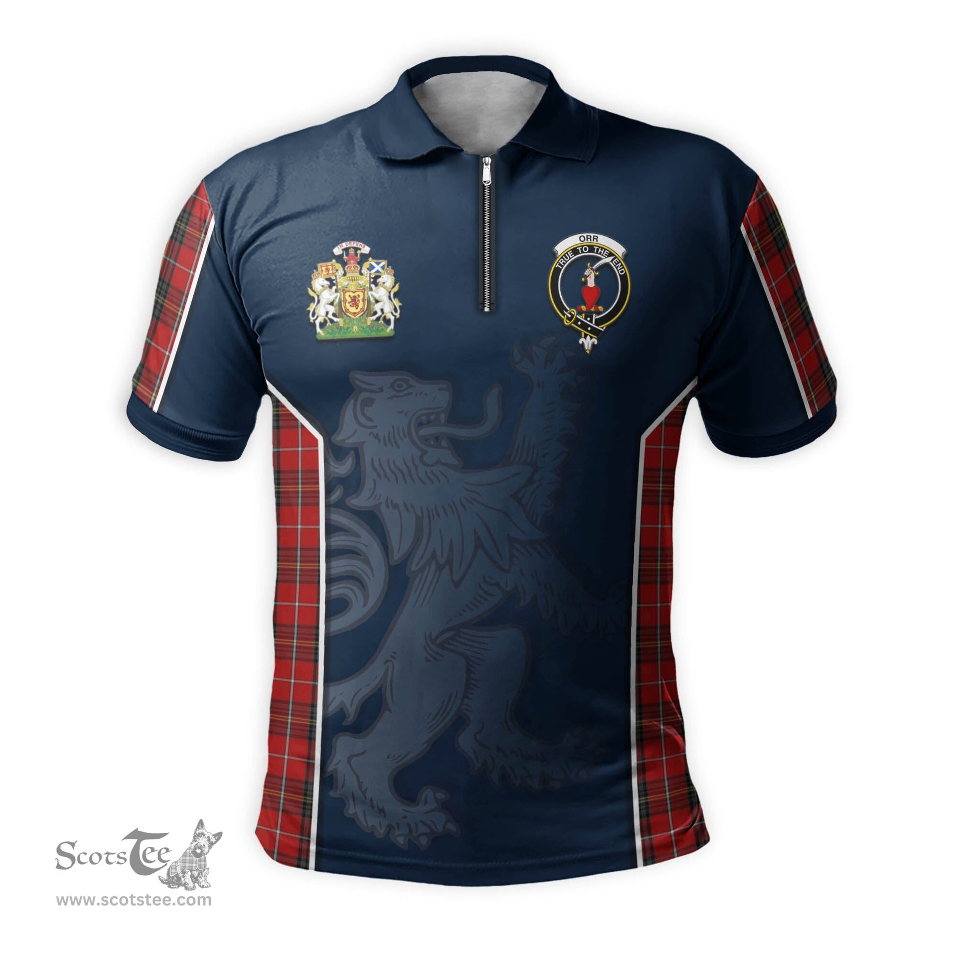ScotsTee Shop Scottish Orr Clan Scottish Crest and Scottish Lion Rampant Sport Tartan Zipper Polo Shirt
